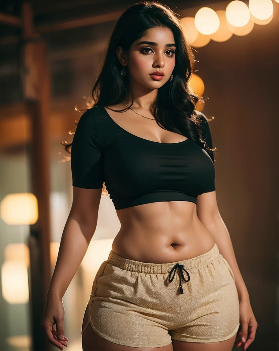 Beautiful chubby Indian women, wearing black sleeveless top, with her arms up, armpit posing, high definition armpit details, high definition image, big boobs, naked vagina, armpit close up, thick waist , hourglass waist