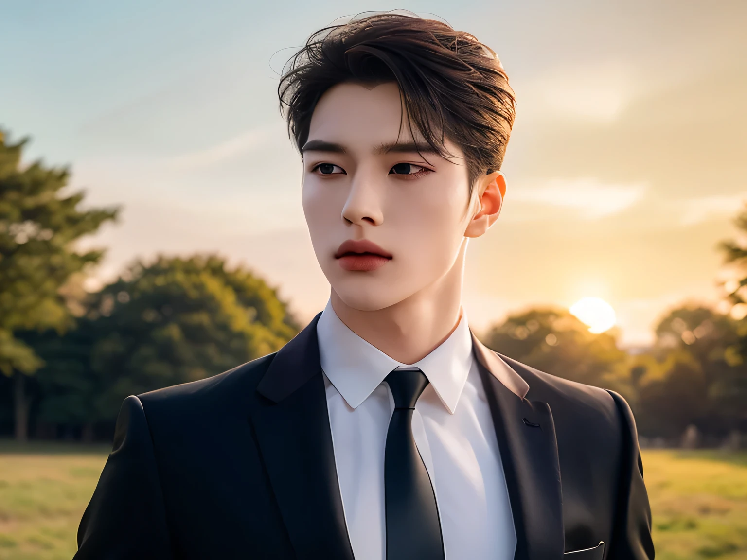 20 year old man, Very handsome , of Korean series stars, White skin, handsome, classic side part hairstyle, Masterpieces, best quality, a man, confident posture, Detailed image, clear, Shiny, Very handsome , half body model, Cold Tea Face Paint, walking away , Elegant Gesture, Face looking up at the sky, Turn your head up, look at the sun., Squint, Wear a black formal dress, Black Suit, Suit Without Stripes, Do not wear a tie, wearing a white student shirt inside, One Man, reflect, Strict face color, side view.