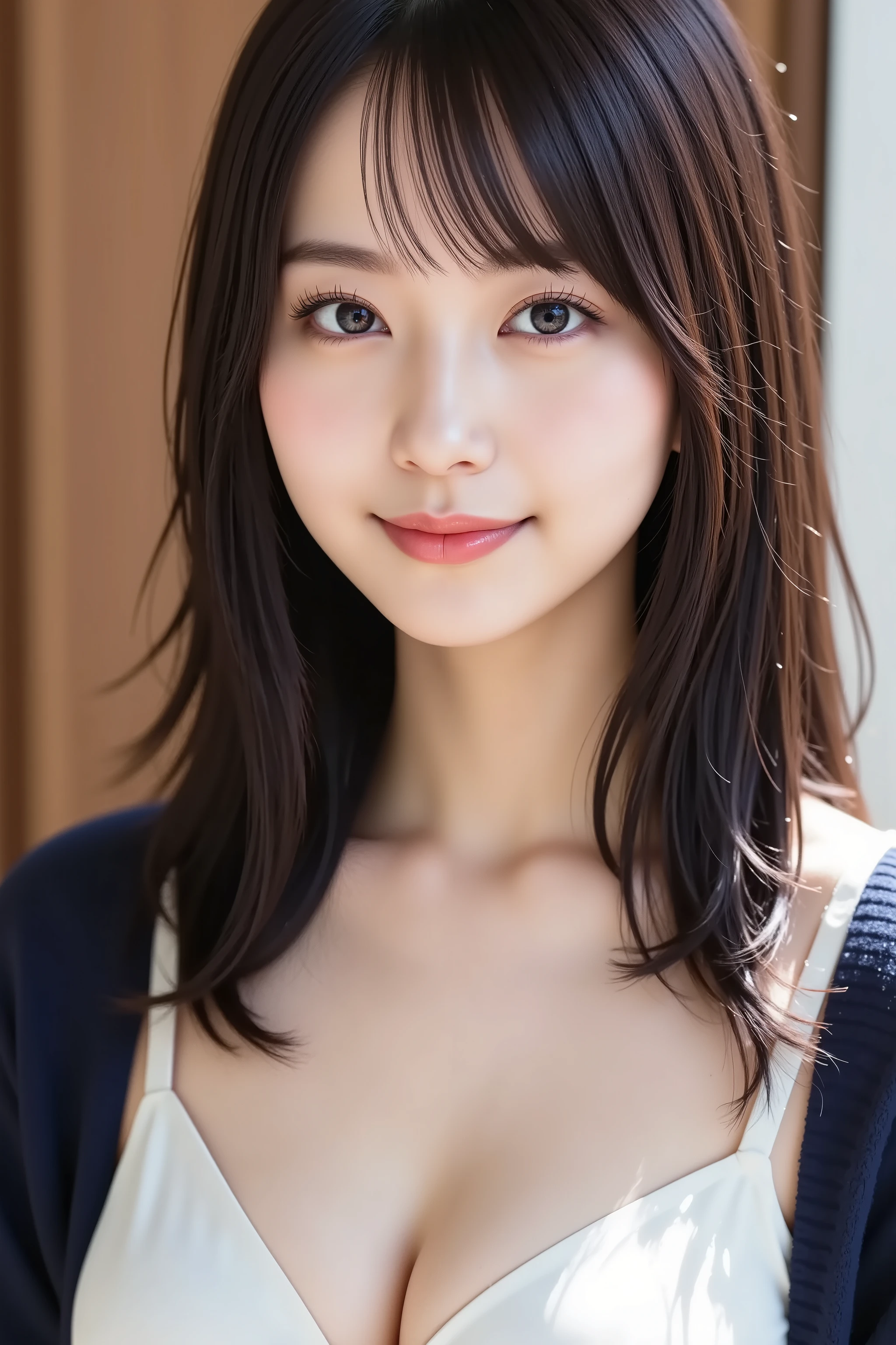 (8k、Raw photo、highest quality、masterpiece:1.2)、(Realistic、Photorealistic:1.37)、Ultra-detailed、超A high resolution、1 girl、Seeing the viewer、Beautifully detailed face、Shy laugh、narrow、(Narrow waist) :1.3)、knit、Beautifully detailed skin、Skin Texture、Floated hair、Professional Lighting、No sleeve、Looking up、Big Money Open Mouth