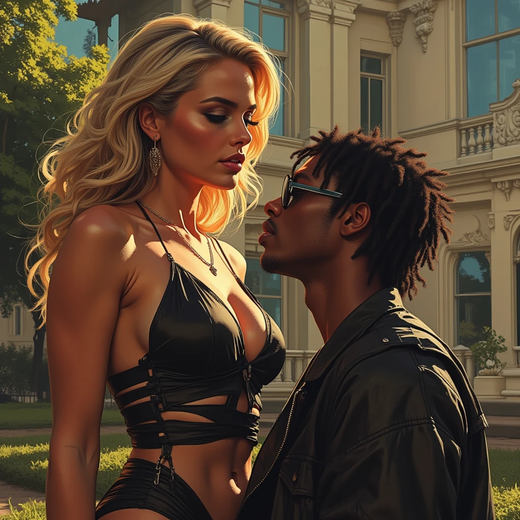 ((RAW image quality:1.4)), man and woman hugging each other, Young and handsome man, muscular, short hair, black tank top, ink, Dark skin including the face, sunglasses, 1 peacock feather in the hair, smile, close, and a beautiful young Japanese woman, blonde long hair, wearing a strapless red dress, gold ornaments, smile, cyber punk, nightclub background, neon light,