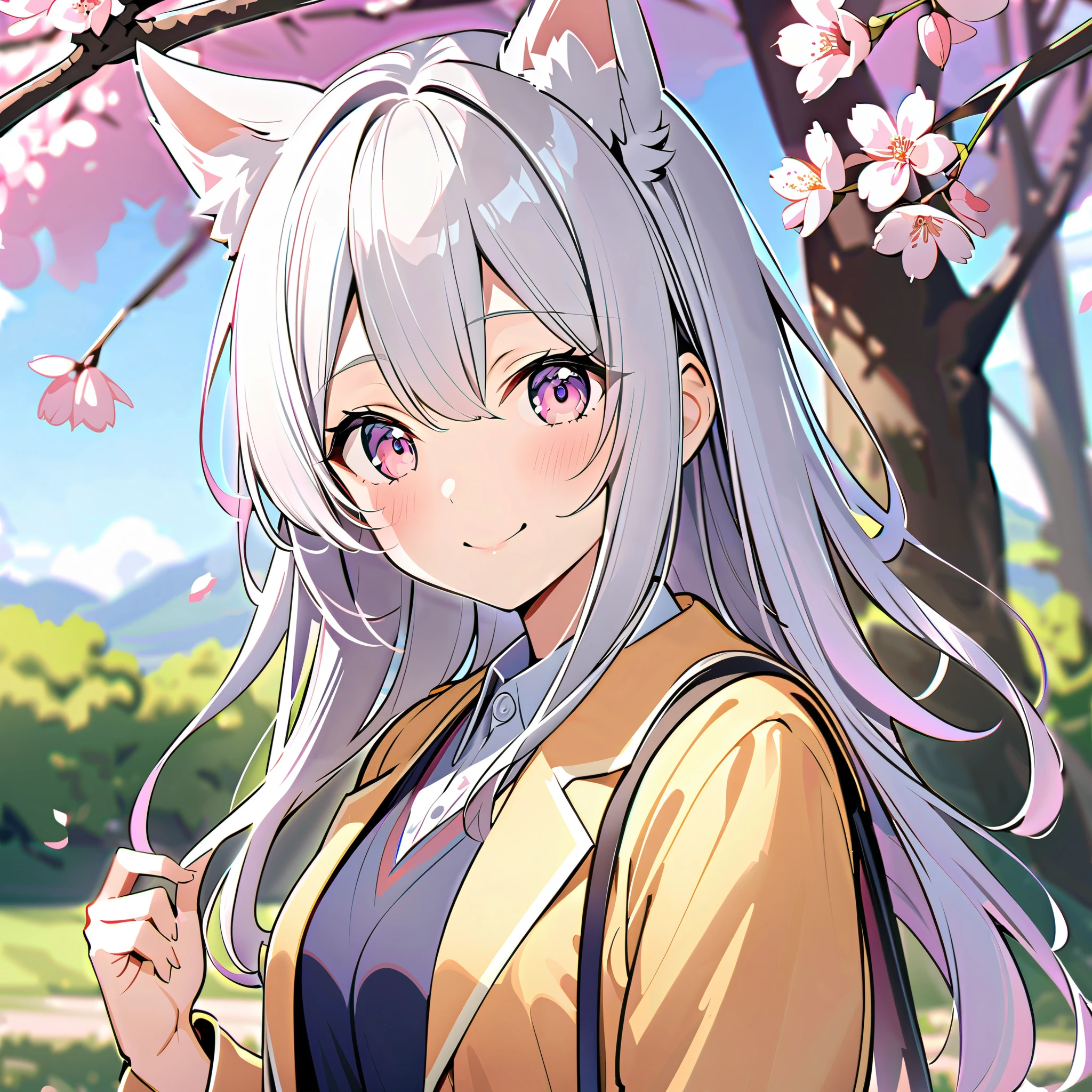 8k,smile, Girl with dog ears silver hair, White Ear, cherry blossoms,spring, middle school student