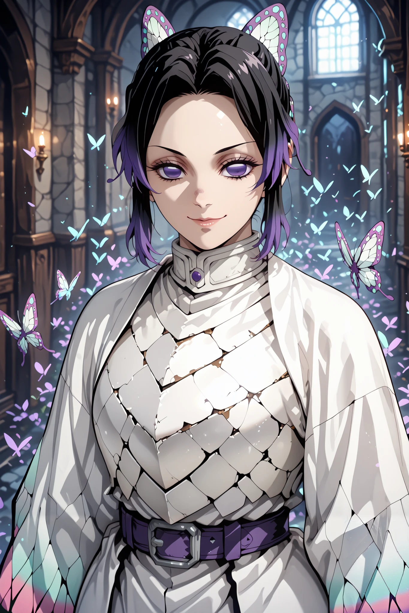 score_9, score_8_up, score_7_up, score_6_up, source_Sousou No Frieren, highly detailed eyes, perfect eyes:1.1,
top quality, details, latest, AI-generated, Ultra High Definition, portrait, Alone, 20 years old,
curvilinear, anatomically correct, detailsな肌, standing, place your hands on your lower back,
(fshiNobu kochou, black hair, butterfly, butterfly hair ornament, forehead, gradient hair, hair ornament, white armor, multicolored hair, parted bangs, purple hair, short hair, two-tone hair), white robe, No sleeves,
(determined:1.2), smile,
Medieval Inn, close mouth, (watching viewers:1.4), Kimetsu_No_Yaiba_style, facing the front, hkstyle,