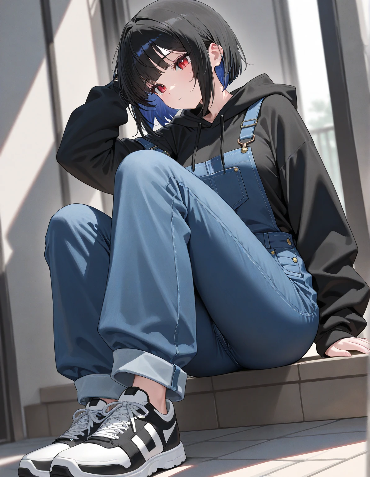 Anime girl with blue eyes dark blue short hair wearing black hoodie and jeans with sneakers