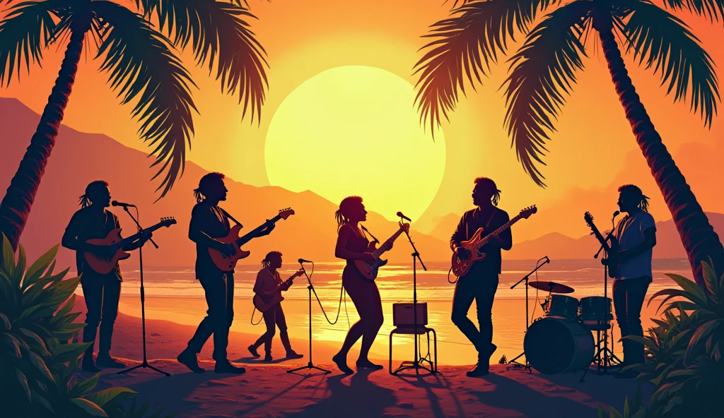 Make a Batman style comic, with a psychedelic sunset, not Teoito.
In one corner a rock band playing. The half-white drummer, chubby slanted eyes, short hair, un guitarrista moreno flaco y short hair, the guitarist and vocalist with medium-long hair and a scruffy beard, the chubby dark-skinned bassist with a bowler hat.
In the center a couple dancing cumbia, Short woman, little guerilla, long blue hair and the man with a tall, dark and robust beard, both wearing converse