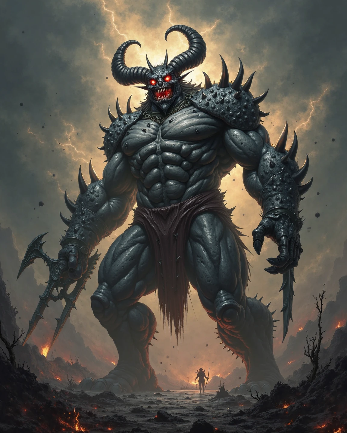 Here are the details you can use to create text that will run along with the ink in the paint sector:
Painting Title: "Rei das Trevas: The Ascension of the God of Death"
description:
"Admire the epic and terrifying vision of the Dark King, o Deus da Morte, on his full ascension! This work of art represents the embodiment of supernatural power and impending doom. O Rei das Trevas emerge das profundezas escuras, with an imposing and fearsome presence. His colossal body is engulfed by hellish flames, who dance around him like a sinister cloak. Seus olhos brilham em um vermelho ardente, penetrating the soul of those who dare to look at its skeletal face. As asas majestosas, feitas de penas negras e afiadas, representam sua habilidade de voar entre os reinos da vida e da morte. Longas, Wild hair is composed of black flames, simbolizando a energia da morte que consome tudo o que toca. O Rei das Trevas empunha uma foice colossal, whose blade shines with the promise of harvest and rebirth. His armor adorned with bones and sacred symbols exudes an air of authority and domination. Ao fundo, uma paisagem infernal, repleta de chamas e nevoeiro, cria uma atmosfera sombria e perturbadora. This painting is a vivid depiction of the supreme entity of death in all its terrifying glory.... Aproveite e tema a chegada do Rei das Trevas!"
Espero que esses detalhes ajudem a criar um texto impactante para acompanhar sua pintura no setor de pintura. Be sure to adjust the text according to your preference and paint size.