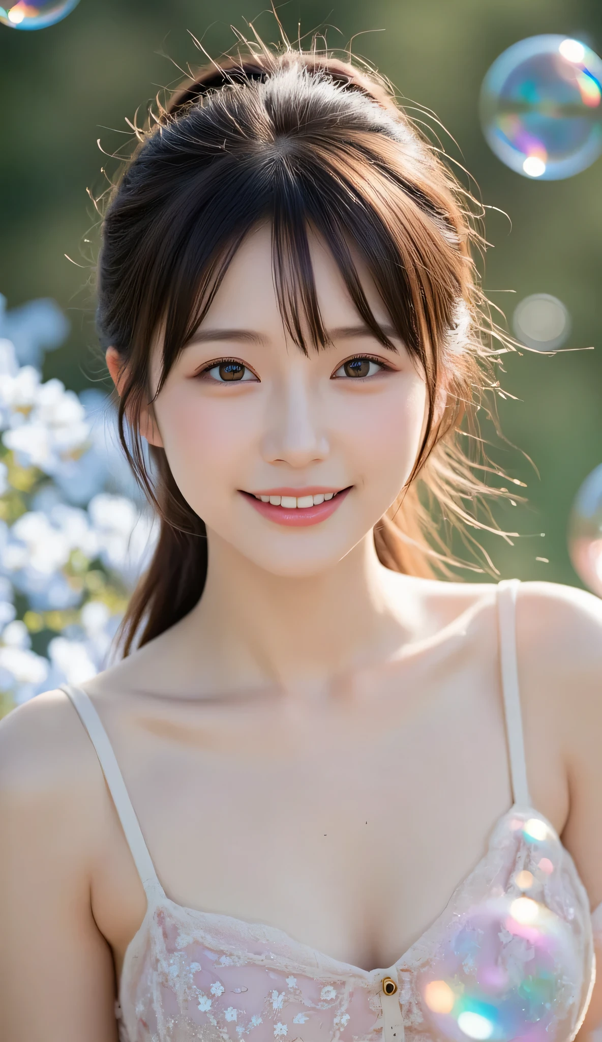 8k,Pieces fly, Highest quality, figure, Very detailed, finely, High resolution, 8k壁紙, Perfect dynamic composition, Dark and beautiful eyes, Natural color lip, Random cute poses,smile,Cleavage,Detailed eyes, (negligee)
