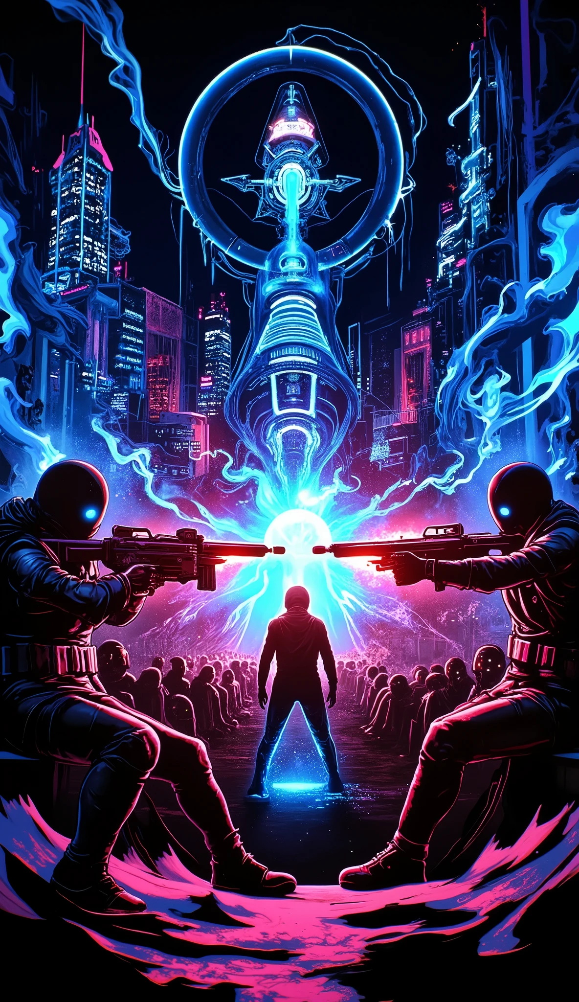 Cyberpunkスタイルの銃撃戦シーン、intense action、Cyberpunk、High Quality Photographs Realistic、4K resolution、HDR、 bokeh effects 、Detailed 3d Rendering、Sharp Focus、realistic、professional、vivid colors、cinematic lighting、Mechanical Forms、Futuristic City Backgrounds、 Complex Machines 、cigarette、Fire Effects