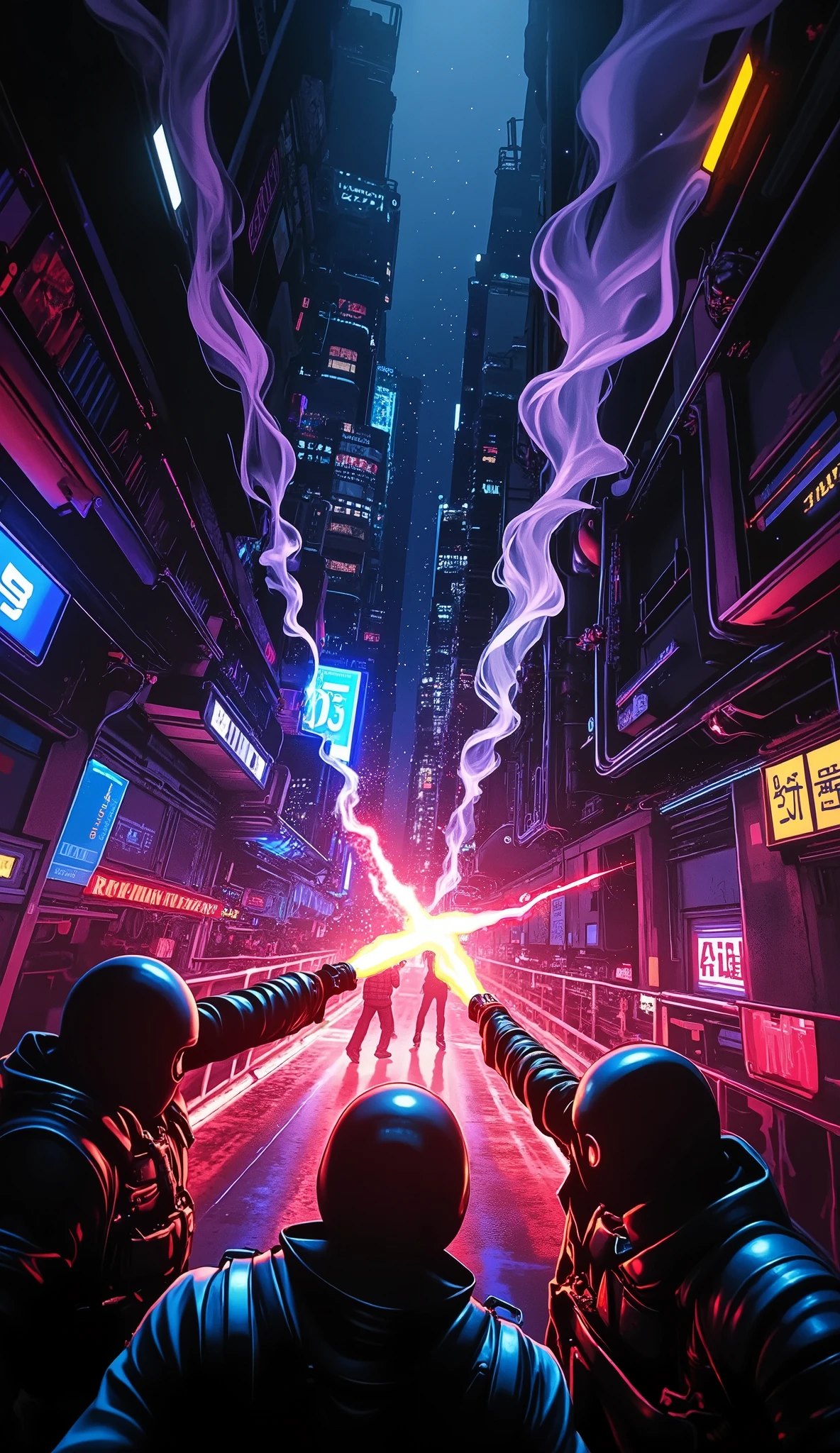 Cyberpunkスタイルの銃撃戦シーン、intense action、Cyberpunk、High Quality Photographs Realistic、4K resolution、HDR、 bokeh effects 、Detailed 3d Rendering、Sharp Focus、realistic、professional、vivid colors、cinematic lighting、Mechanical Forms、Futuristic City Backgrounds、 Complex Machines 、cigarette、Fire Effects