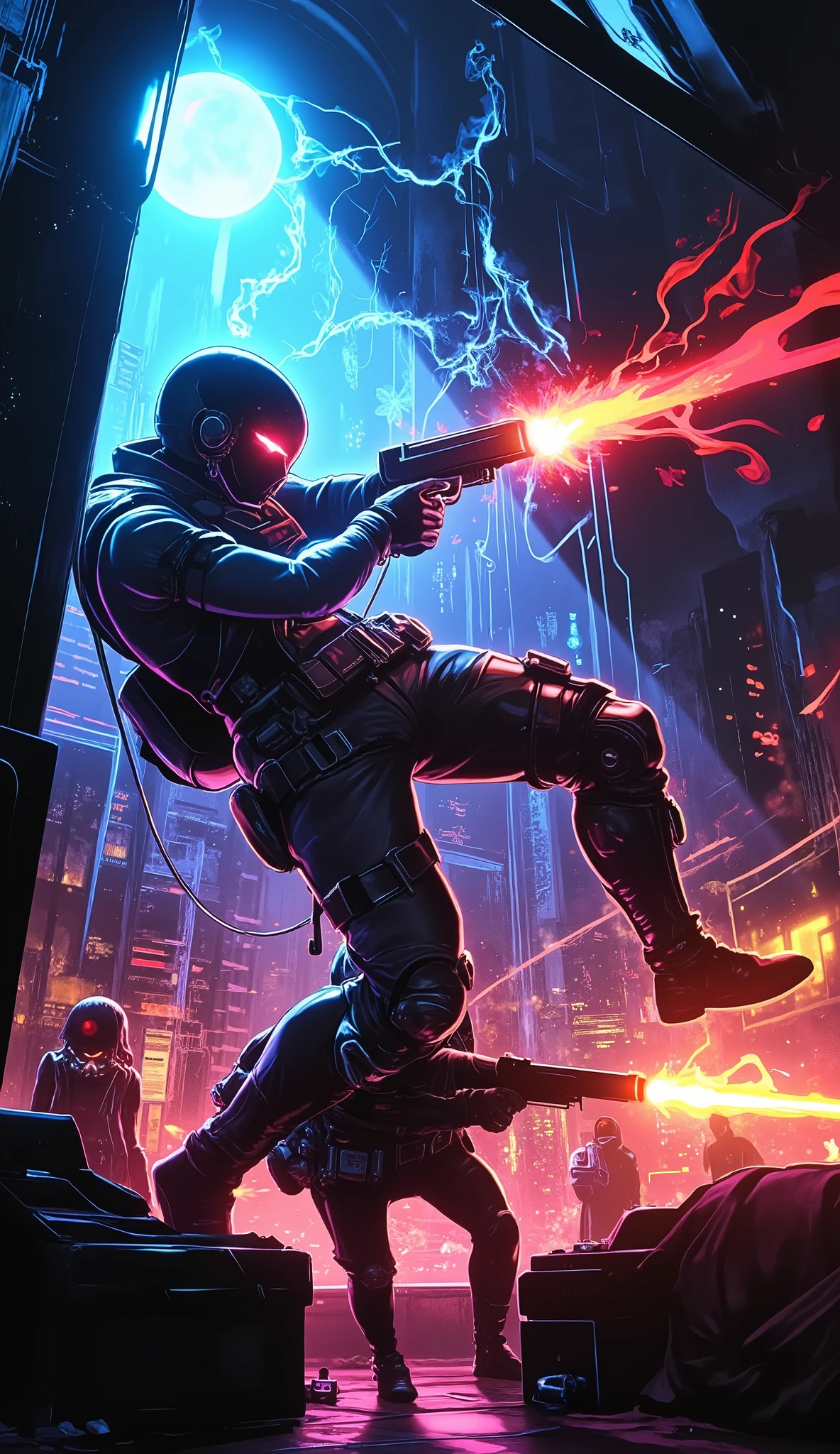Cyberpunkスタイルの銃撃戦シーン、intense action、Cyberpunk、High Quality Photographs Realistic、4K resolution、HDR、 bokeh effects 、Detailed 3d Rendering、Sharp Focus、realistic、professional、vivid colors、cinematic lighting、Mechanical Forms、Futuristic City Backgrounds、 Complex Machines 、cigarette、Fire Effects