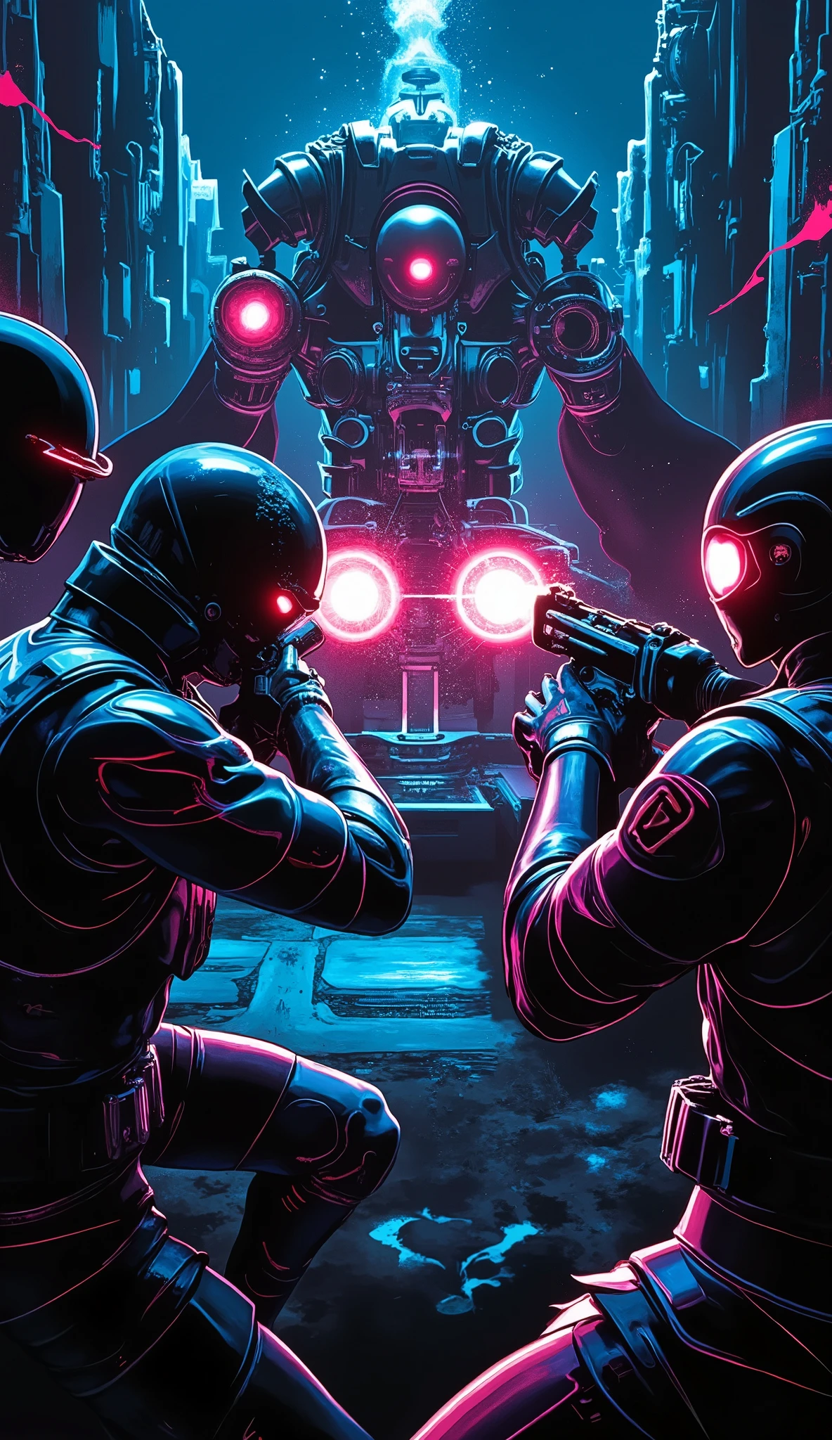 Cyberpunkスタイルの銃撃戦シーン、intense action、Cyberpunk、High Quality Photographs Realistic、4K resolution、HDR、 bokeh effects 、Detailed 3d Rendering、Sharp Focus、realistic、professional、vivid colors、cinematic lighting、Mechanical Forms、Futuristic City Backgrounds、 Complex Machines 、cigarette、Fire Effects