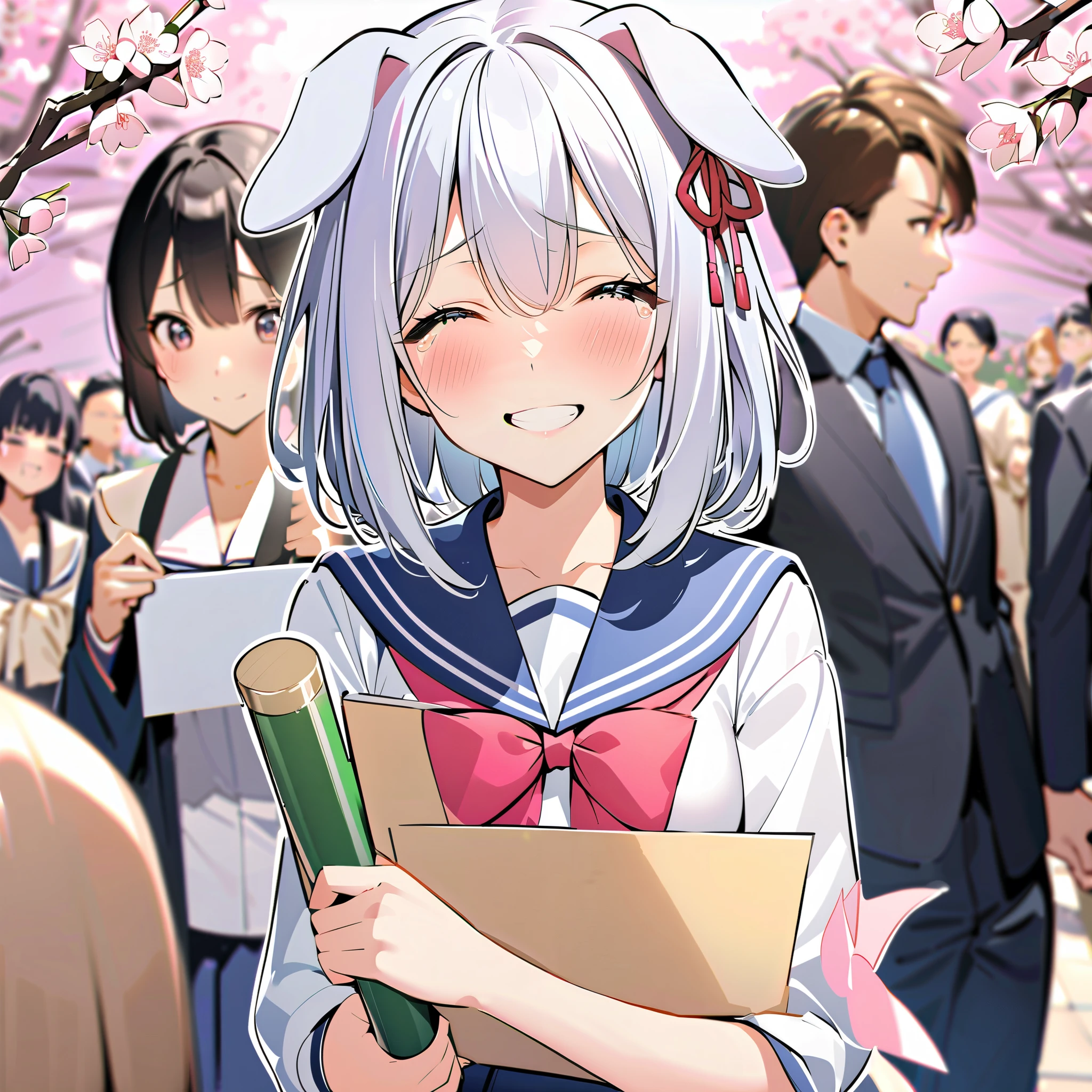 8k,smile, Girl with dog ears silver hair, White Ear, cherry blossoms,spring, ,Graduation Ceremony, cries,sailor suit,Diploma