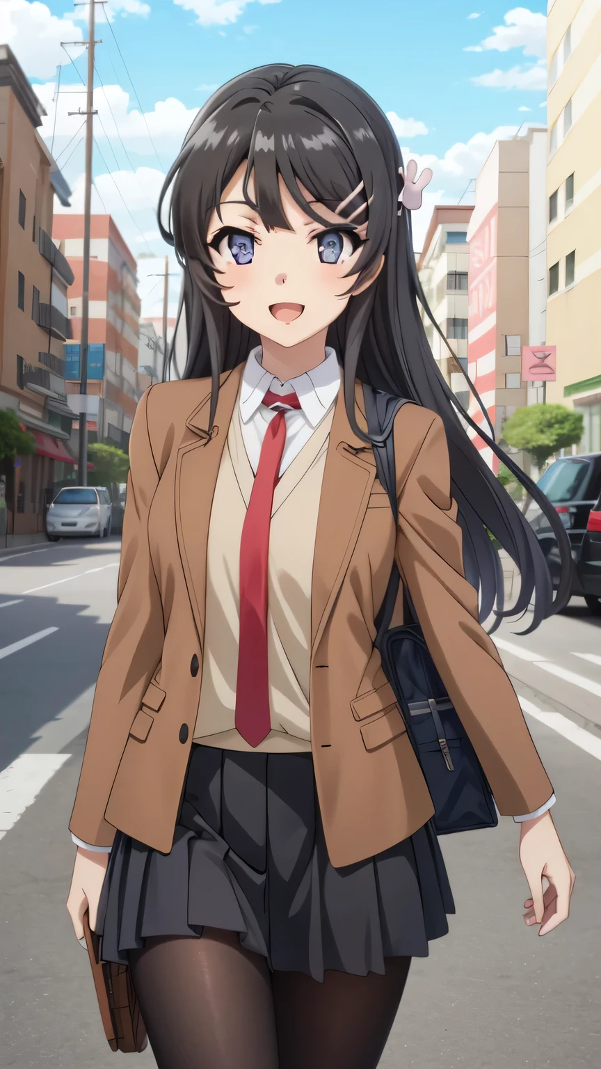 {{{masterpiece}}}, (best quality:1.5), (ultra-detailed:1.5), {illustration}, {{an extremely delicate and beautiful}}, (beautiful detailed eyes:1.6), absurdres, highres, extremely detailed face, 16k, hd, visual anime de uma jovem mulher, extremamente bonito rosto de anime, anime melhor garota, (perfect hands, perfect anatomy), anime face, sakurajima mai(Rascal Does Not Dream of Bunny Girl Senpai), Eft_bunny_mai, 1girl, solo, cute face, long hair, (black hair:1.5), bangs, sidelocks, hair ornament, hairclip, rabbit hair ornament, (purple eyes:1.1), large breasts, big hips, curvaceous, BREAK, {school uniform}, (brown jacket:1.5), open jacket, long sleeve, brown sleeve, white shirt, collared shirt, red necktie, vest, vest tuck out, pleated skirt, miniskirt, blue skirt, black pantyhose, thighs, zettai ryouiki, BREAK, open mouth, smiling, flushed cheeks, walking, flushed cheeks, looking at viewer, outdoor, city, building, sky, daytime, cowboy shot