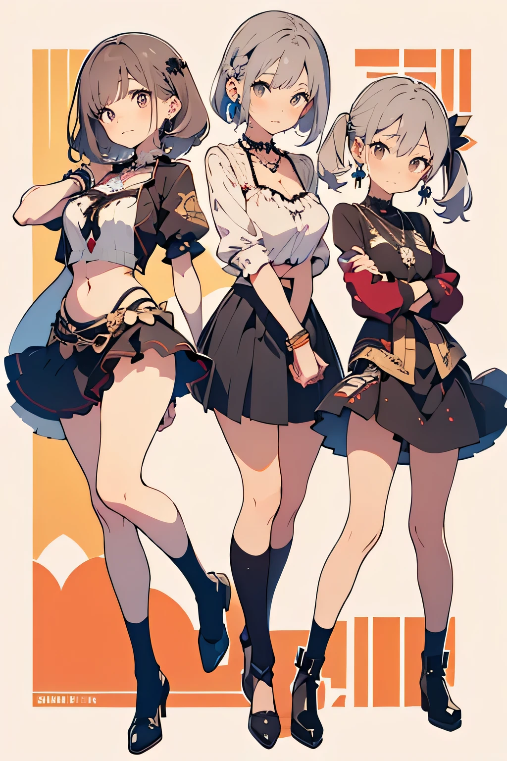 huge, twin tails, Silver Hair, Low rise short pants, vintage gothic, Pause , cute, high quality, necklaces, ring, bracelets, Earrings,smile , small buttocks,full body,Long skirt with side slits、thigh can be seen through the slit、The 、lace long skirt、knee-high socks、short bob hair、