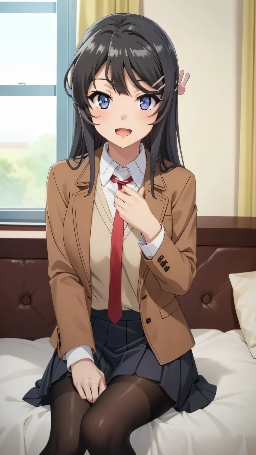 {{{masterpiece}}}, (best quality:1.5), (ultra-detailed:1.5), {illustration}, {{an extremely delicate and beautiful}}, (beautiful detailed eyes:1.6), absurdres, highres, extremely detailed face, 16k, hd, visual anime de uma jovem mulher, extremamente bonito rosto de anime, anime melhor garota, (perfect hands, perfect anatomy), anime face, sakurajima mai(Rascal Does Not Dream of Bunny Girl Senpai), Eft_bunny_mai, 1girl, solo, cute face, long hair, bangs, (black hair:1.5), hair ornament, (purple eyes:1.1), hairclip, rabbit hair ornament, large breasts, big hips, curvaceous, BREAK, {school uniform}, (brown jacket:1.5), open jacket, long sleeve, brown sleeve, white shirt, collared shirt, red necktie, tuck out, pleated skirt, miniskirt, blue skirt, black pantyhose, thighs, zettai ryouiki, BREAK, night, indoor, bedroom, on the bed, window, moonlight, open mouth, smiling, confession, embarrassed, flushed cheeks,from front, looking at viewer, dark room, covering chest by one hand, knees together feet apart, sit