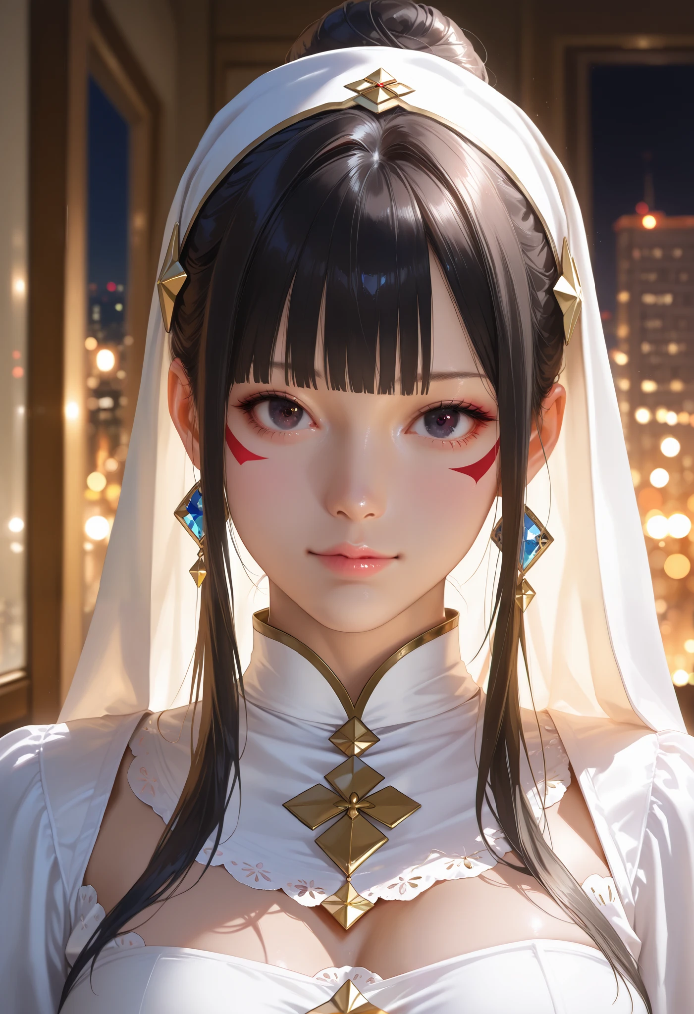 bright look、photorealism、highest quality、Super high resolution、picture extraordinary beautiful girl cute and beautiful face details、、beautiful bangs shining white skin
TKNKZMI, (best quality,highres:1.2), (realistic:1.37), HDR,UHD,studio lighting,extremely detailed,professional,vivid colors,bokeh, portraits,warm toned lighting beautiful woman face, beautiful eyes, black hair, blunt bangs, eye shadow, sidelocks, hair ornament, hair bun, nun outfit, breasts, Model shoot, City at night,