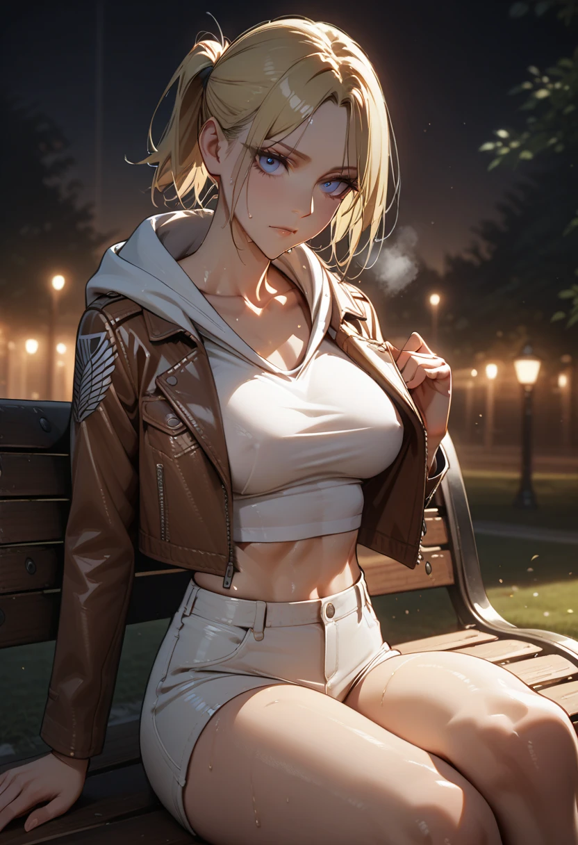 Highest Quality, ​masterpiece, beautifully detailed eyes,, short Blonde Hair, Gradient Hair, pink highlights in hair, medium breasts, standing, makeup, glossy lips, full lips, (natural lighting), grass, button up shirt, thong straps, light smile, midriff, collarbone, thigh highs, miniskirt, cleavage
 sultry look, seductive,

