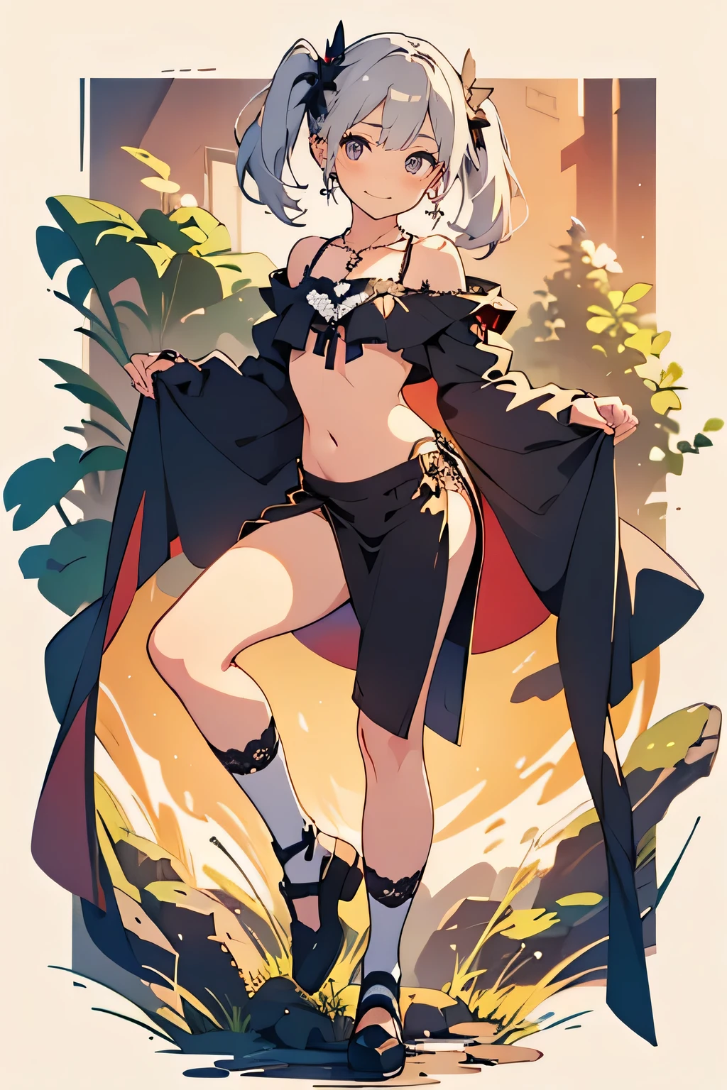 High resolution, best quality, HDR, 1woman, ((turn around and looking back)), ((wide hips)), ((flat chest)), ((in underwear)), ((embarassed)), sylphiette, ahoge, elf, forehead, white hair, pointy ears, (red eyes:1.2), short eyebrows, short hair, open mouth, dark cavern scenery, campfire illumination