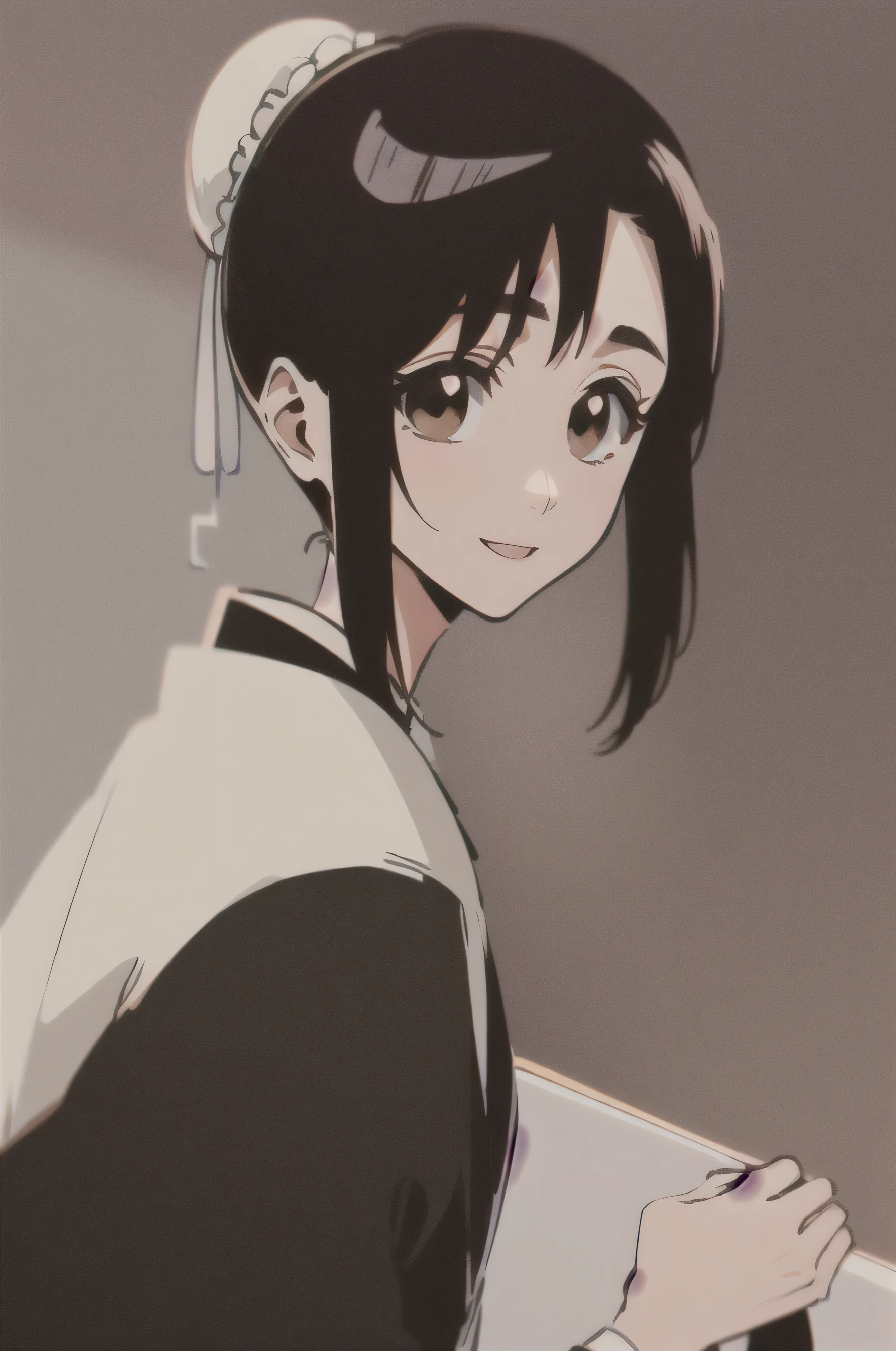 masterpiece, top quality ,
1 girl from the side , romantic love , black hair,long hair、 single , ponytail, Vancouver, brown eyes,
Hair bangs,
kimono, white sleeveless coat ,Captain's coat without white sleeves, 黒の kimono ,
smile, alone, I'm looking for , simple background , white background