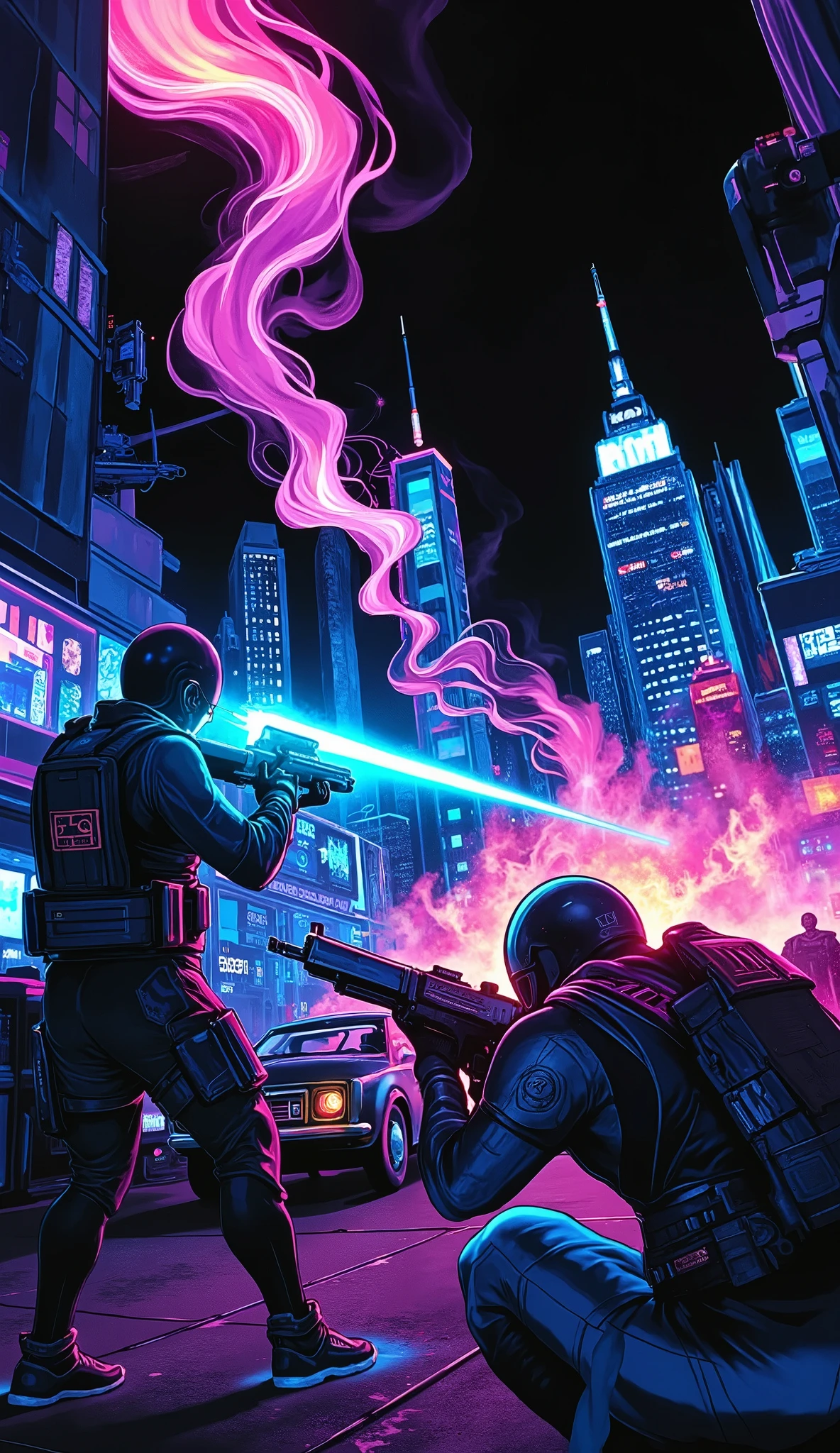Cyberpunkスタイルの銃撃戦シーン、intense action、Cyberpunk、High Quality Photographs Realistic、4K resolution、HDR、 bokeh effects 、Detailed 3d Rendering、Sharp Focus、realistic、professional、vivid colors、cinematic lighting、Mechanical Forms、Futuristic City Backgrounds、 Complex Machines 、cigarette、Fire Effects