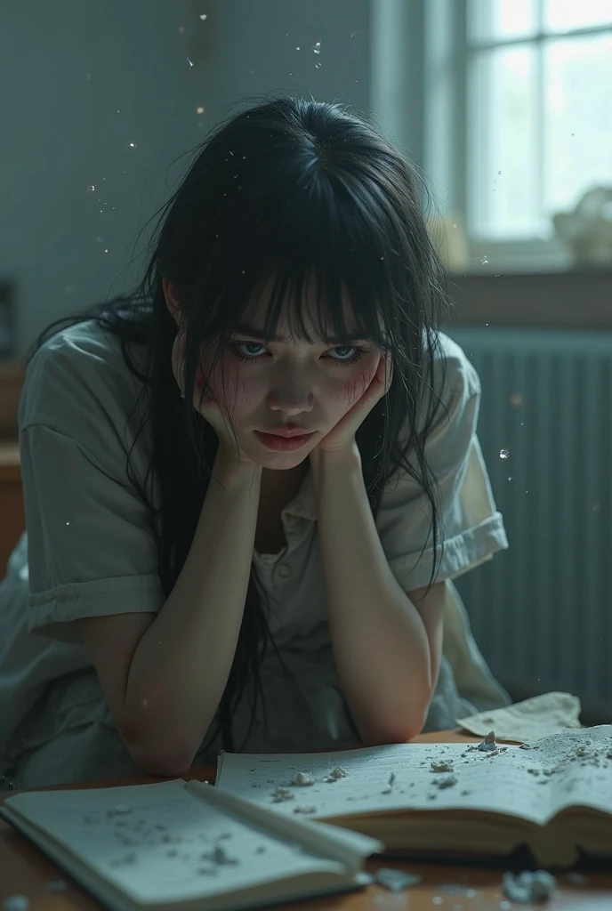 an asian woman with long black hair in jeans and white t-shirt crying on a bed