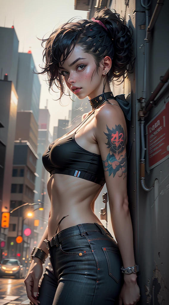 lovely woman, 21 ans, black har, roupas de couro sexly, long breasts, cyberpunk style, Realistic detailed, Portrait, badass, rock punk, rebel, sexly, photo de tout le corps