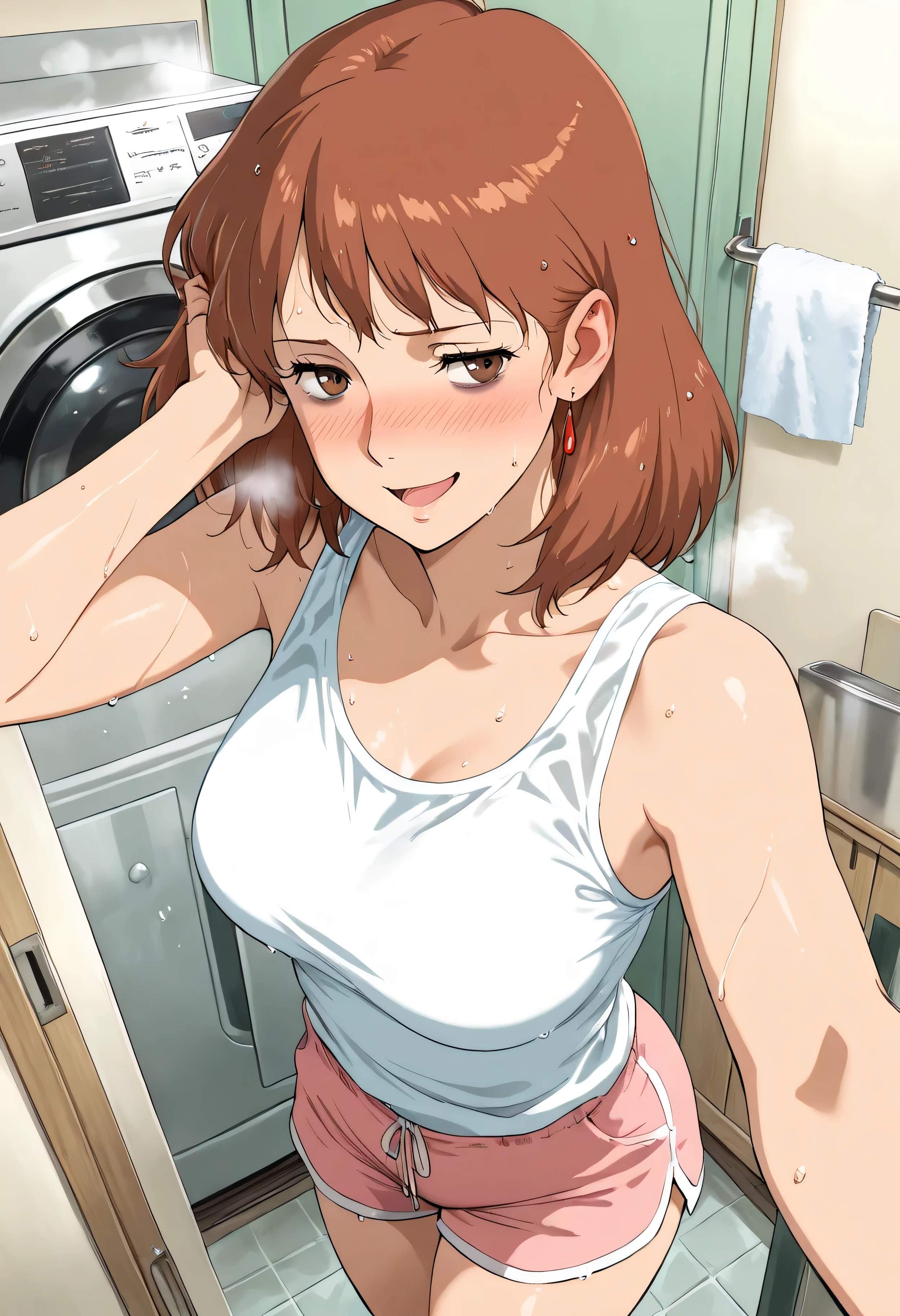 8k high score, great score, masterpiece, best quality, very ultradetail aesthetic, High quality, Ultra detailed, best quality, insanely detailed, beautiful, masterpiece (cowboy shot) ,(dramatic angle shot:1.2) from above (perfect detail face:1.0),1girl (solo:1.1) (40 years old) mature female Nausicaa,1girl,brown hair,medium hair,brown eyes, wet hair:1.2 (white tank top)(pink shorts) medium breasts, voluptuous looking away (towel Wiping the hair) (smug:1.3) bags under eyes nose blush (open mouth) (japanese apartment bathroom) steam:1.5 washing machine