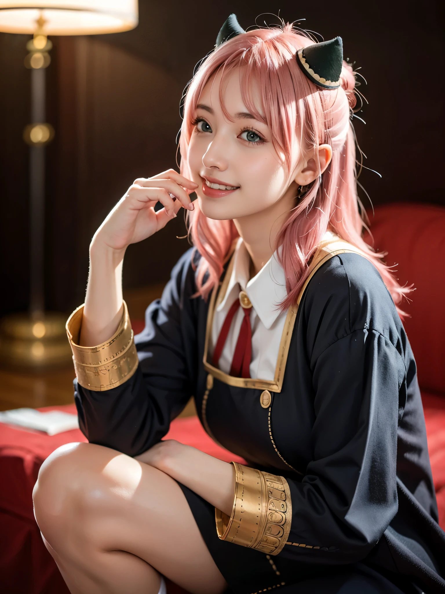 1girl, Alone, (cute Japanese girl), 18yo, Young female, slim body, (smile:1.2), Looking at camera, ,open mouth,upper teeth only,
break
upper body, slouching, dynamic angle,
break
Professional photo-realistic images, (16k, RAW photo, best quality, masterpiece:1.2), (realistic, photo-realistic:1.4), (extremely detailed 8k wallpaper), sharp focus, depth of field, blur background, bokeh, cinematic lighting, soft light, High resolution 16k close-up of human skin,
break
perfectly round breasts, huge breasts,
break
Anya Forger, Anya, SPY X FAMILY
break
ahoge, medium hair, (pink hair), cone hair bun, hairpods, hair ornament, bangs, green eyes, 
break
eden academy school uniform,
neck ribbon, red ribbon, wing collar, collared shirt, white shirt, black dress, long sleeves, gold trim, black socks, mary janes,
break
Old town in Germany, Nuremberg