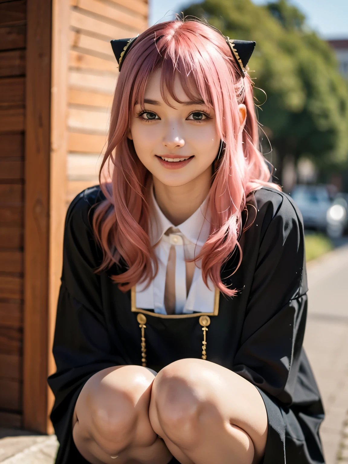 1girl, Alone, (cute Japanese girl), 18yo, Young female, slim body, (smile:1.2), Looking at camera, ,open mouth,upper teeth only,
break
upper body, squatting
break
Professional photo-realistic images, (16k, RAW photo, best quality, masterpiece:1.2), (realistic, photo-realistic:1.4), (extremely detailed 8k wallpaper), sharp focus, depth of field, blur background, bokeh, cinematic lighting, soft light, High resolution 16k close-up of human skin,
break
perfectly round breasts,
break
Anya Forger, Anya, SPY X FAMILY
break
ahoge, medium hair, (pink hair), cone hair bun, hairpods, hair ornament, bangs, green eyes,
break
eden academy school uniform,
neck ribbon, red ribbon, wing collar, collared shirt, white shirt, black dress, long sleeves, gold trim, black socks, mary janes,
break
Old town in Germany, Nuremberg