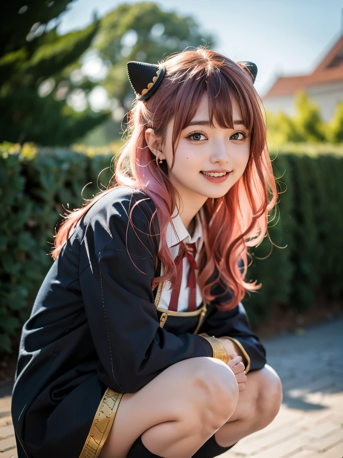 1girl, Alone, (cute Japanese girl), 18yo, Young female, slim body, (smile:1.2), Looking at camera, ,open mouth,upper teeth only,
break
upper body, squatting
break
Professional photo-realistic images, (16k, RAW photo, best quality, masterpiece:1.2), (realistic, photo-realistic:1.4), (extremely detailed 8k wallpaper), sharp focus, depth of field, blur background, bokeh, cinematic lighting, soft light, High resolution 16k close-up of human skin,
break
perfectly round breasts,
break
Anya Forger, Anya, SPY X FAMILY
break
ahoge, medium hair, (pink hair), cone hair bun, hairpods, hair ornament, bangs, green eyes,
break
eden academy school uniform,
neck ribbon, red ribbon, wing collar, collared shirt, white shirt, black dress, long sleeves, gold trim, black socks, mary janes,
break
Old town in Germany, Nuremberg