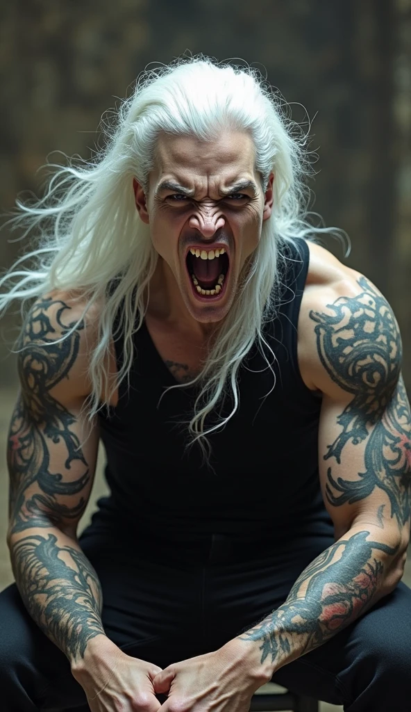 a middle-aged man with long white hair, violet eyes, a rugged appearance, many scars on his body and face, nude, big cock, muscular physique, gritty expression, dramatic lighting, moody atmosphere, grungy texture, dark fantasy, cinematic style, chiaroscuro lighting, dramatic shadows, muted color palette