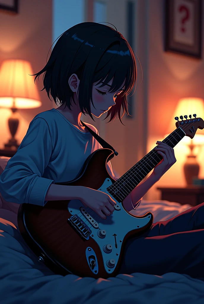 (masterpiece:1.2, best quality), (highly detailed:1.3), 1girl, yo, (white panties), shirt, play electric guitar, sitting on bed, eyes closed, morning light,