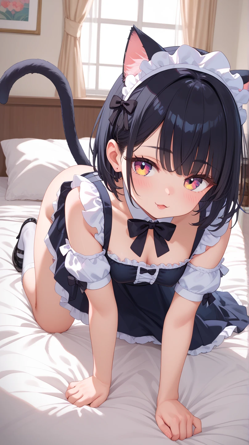 Score_9, Score_8_up, Score_7_up, Score_6_up, Score_5_up, Score_4_up, source_anime, anime style, karyl, animal ear fluff, animal ears, black hair, black ribbon, cat ears, cat girl, cat tail, green eyes, hair bow, long hair, low twintails, multicolored hair, purple bow, ribbon, skin fang, streaked hair, tail, twintails, vertical stripes, white hair, arm support, blue sleeves, bow, brooch, detached sleeves, dress, frilled sleeves, frills, multicolored clothes, multicolored dress, neck ribbon, sleeveless, sleeveless dress, striped,anime coloring, aged down, cute, horny, excited, aroused, heavy breathing, orgasm, cleft of venus, from behind, close up, pussy juice, anal juice, embarrassed, torogao, cum in ass, buttplug, cum on anus, on side