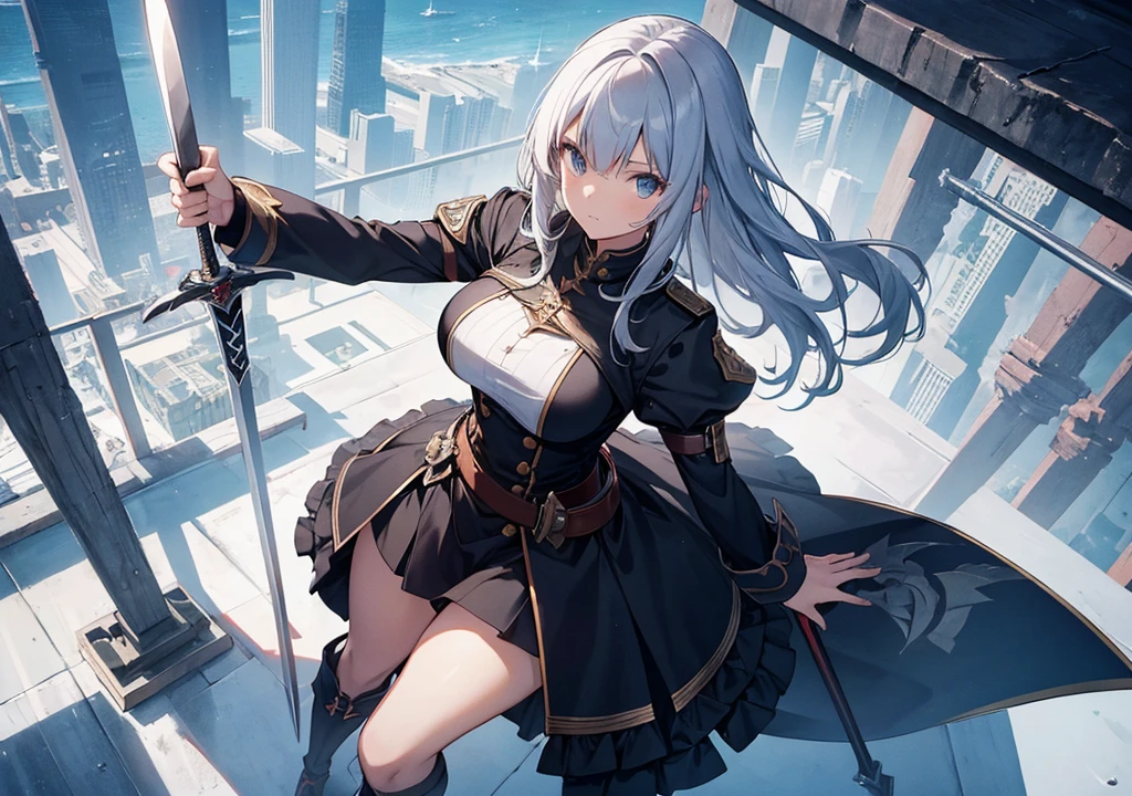 A girl standing putting her sword at right direction, angry, and slightly smiling, old town alley wall background