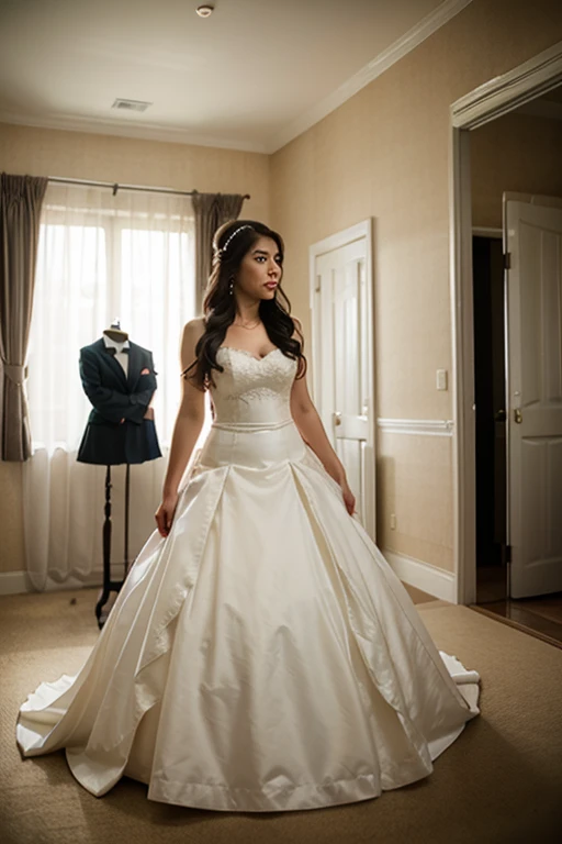 tween girl wearing a gold strapless latex ((big wedding dress)),sitting down in a ((small closet)))