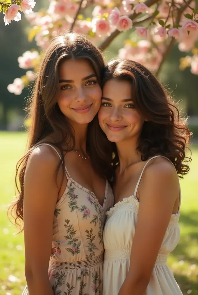 (best quality,4k,8k,highres,masterpiece:1.2),ultra-detailed,(realistic,photorealistic,photo-realistic:1.37),HDR,UHD,studio lighting,extreme detail description,vivid colors,bokeh,professional,portraits
Description: two long-haired girls with big breasts taking a selfie in a park, capturing the joyful moment of their friendship and beauty.
Medium: digital painting
Additional details: vibrant flowers blooming in the background, creating a colorful and lively atmosphere. Soft sunlight shining through the trees, casting warm and gentle rays on the girls' faces. The girls are wearing stylish summer dresses that match the vibrant colors of the flowers. Delicate details are shown on their hair, capturing the softness and shine of their long locks. Their smiles reveal their happiness and friendship.
Color palette: Use a vibrant and fresh color palette, with shades of pastel pink, green, and yellow, to emphasize the joyful and vibrant nature of the scene.
Lighting: Soft, warm sunlight filters through the leaves of the trees and gently illuminates the girls' faces, creating a warm and inviting atmosphere.