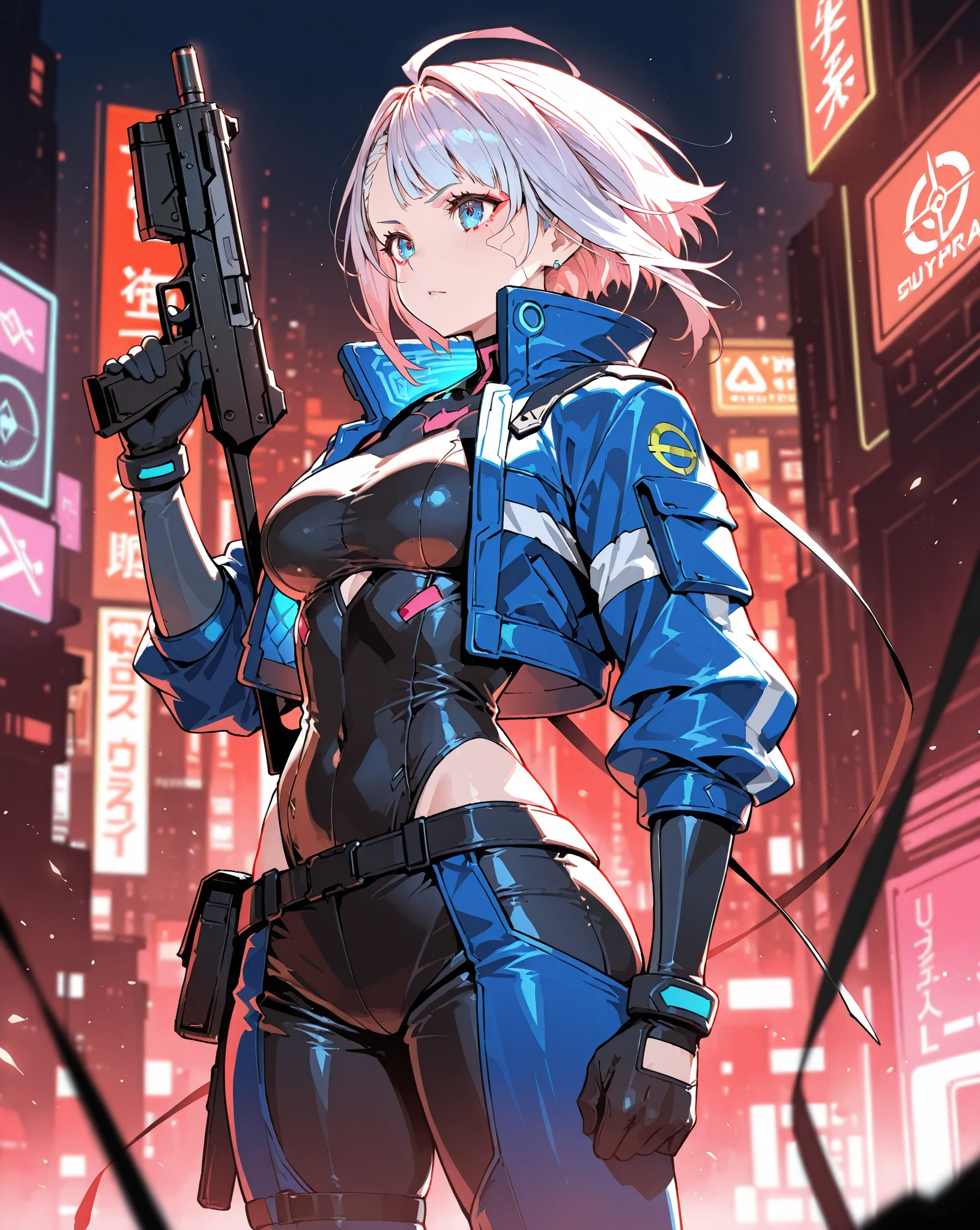 a female Nsfw cyborg,erotic posing,doujin,hentai,kawaii,stylish,pussy,busty, pubic hair,glamour,blue color tone,psychedelic costume,armored,A Cyberpunk dystopian girl,fantasic dystopia,dystopian scape,bladerunner,ghost in the shell,photorealistic,psychedelic colourful tone,posing,armed,guns,weapons,masterpiece,ultimate detailed,8k,detailed background