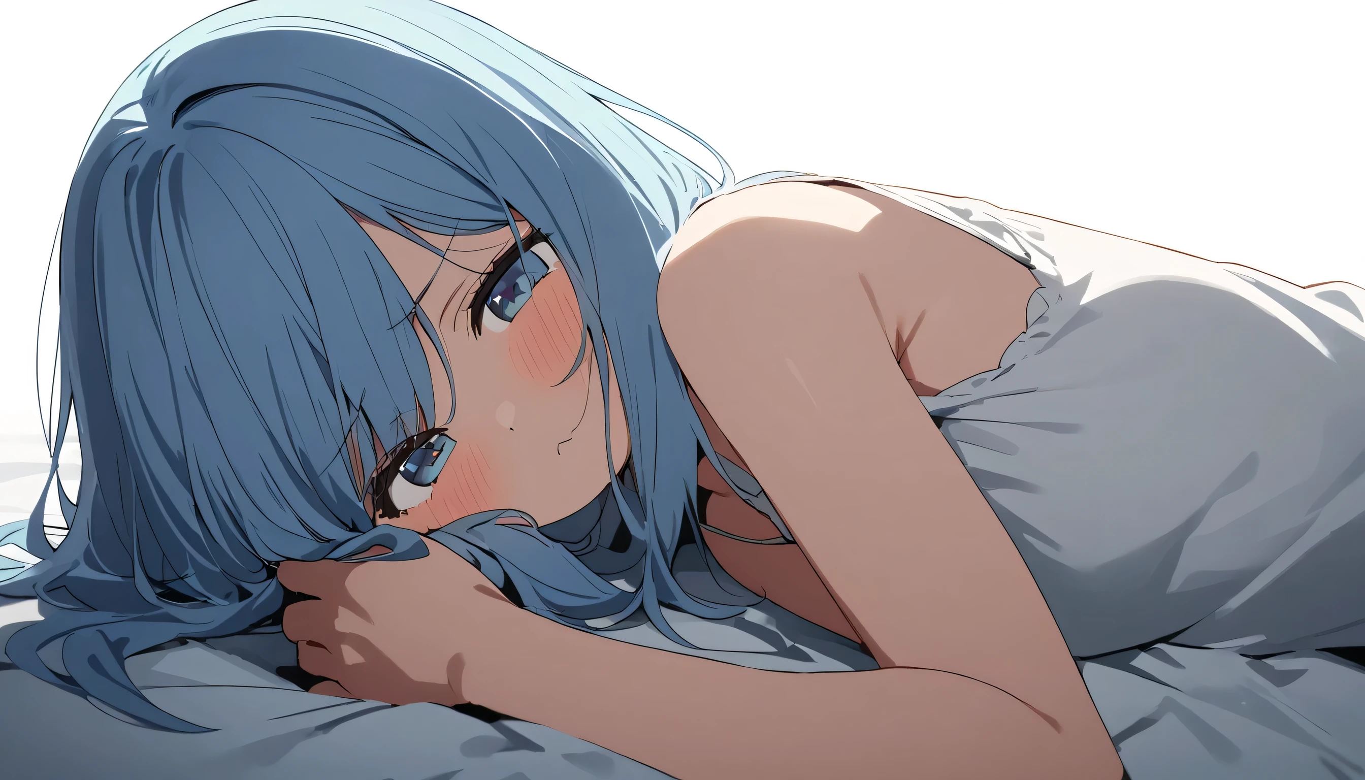 Sexy woman with legs open at M, legs like camel, dirty room, panties biting, panchira, legs open, short cut blue hair woman in yogurt micro bikini showing her arms folded behind her head, star eyes, white panties, whole body wet with white liquid, yogurt on face and chest, embarrassed, teary eyes, beautiful woman, Yogurt all over the body and dirty, ruined toilet, masterpiece, high quality, 8K, 1 girl, solo, akane, blue tie, full body