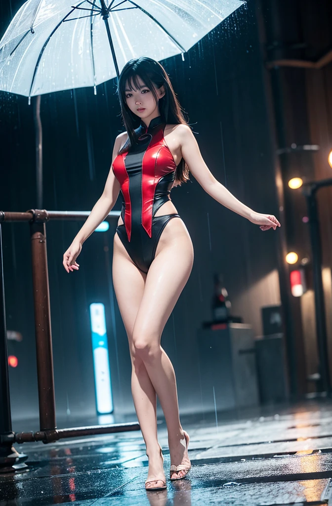 Japan pretty girl, (Real, Hi-Res: 1.4), 1 girl, (natural light), (more face, more hair, more skin), (middle chest), (open mouth: 1.1), big eyes, slender, leg, mid-waist, full body shot,(red leotard: 1.1),(black pantyhose),ponytail,fighting pose,(heart pattern:1.5),(wet armpit:1.2)