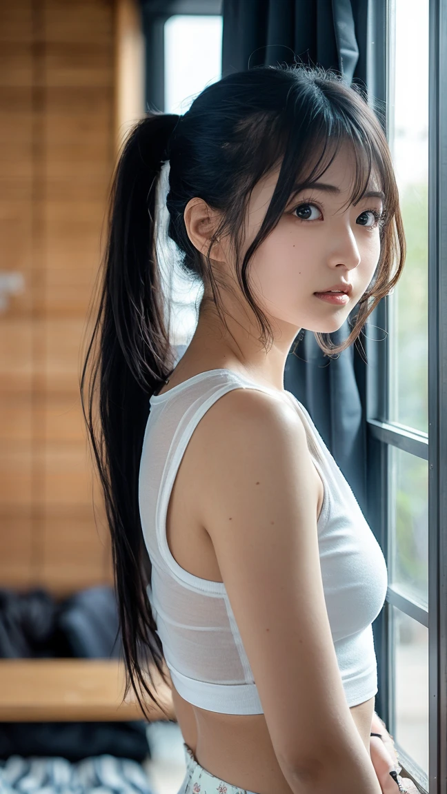 Looks Back,full body Esbian,年轻,(Onepiece),Long white T-shirt,s girl,Delicate body,petite body,Delicate body,small tits,tiny chest,Short,A dark-haired,Twin-tailed,poneyTail,station
