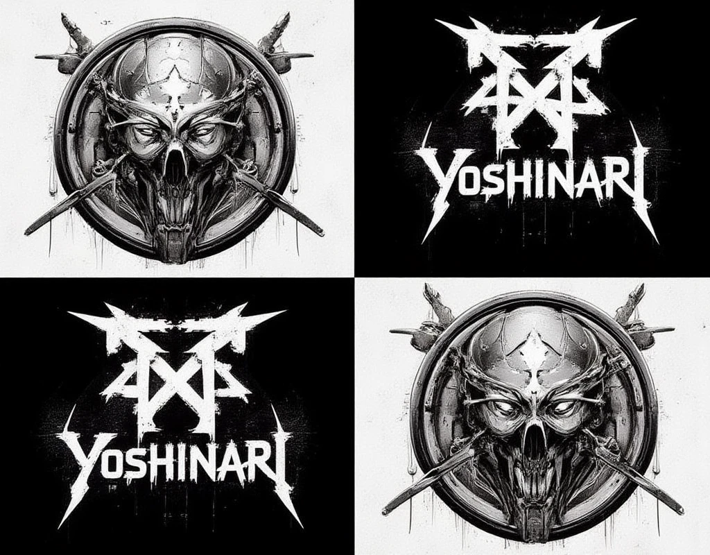 「YOSHINARI」A logo design that says、With a death metal band-style logo design「YOSHINARI」 is written on the blindfold 、  image、High contrast in black and white、Calligraphy、4 different design images
