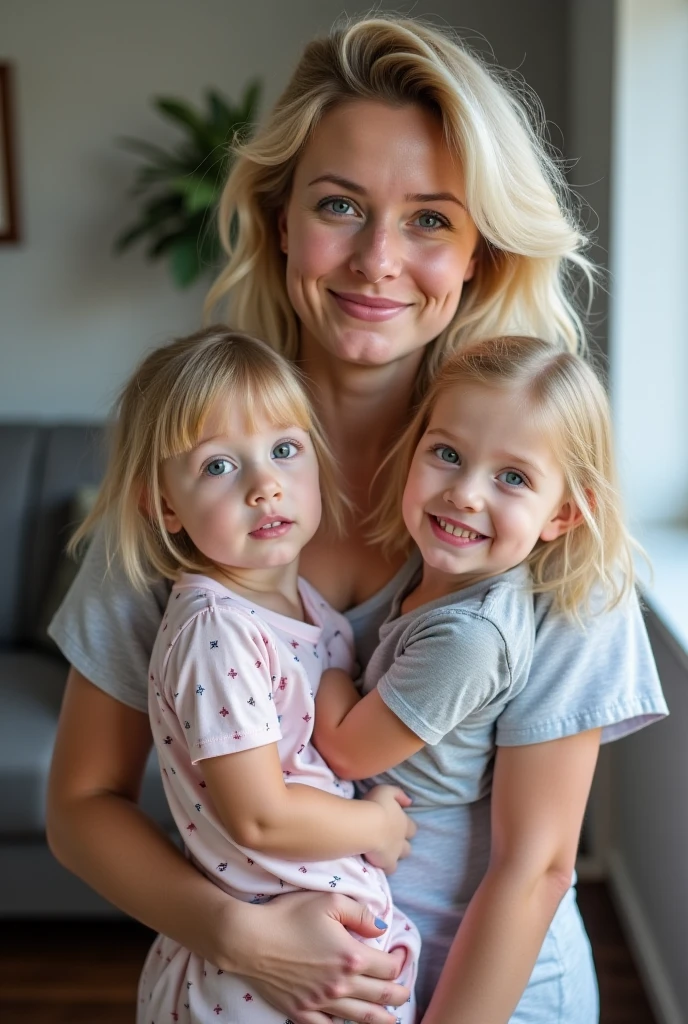 2heads, mom and daughter, (one head:1.5 child), (one head:1.5 adult), white girls, different ages, (two heads on one body:1.5), conjoined twins, heads side by side, one torso, two arms, two hands, young, photorealistic, uncomfortable,