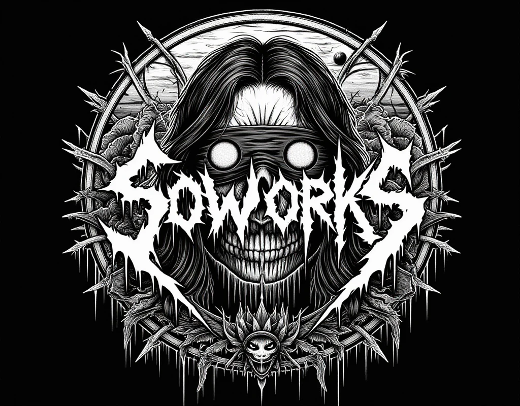 「soworks」A logo design that says、With a death metal band-style logo design「soworks」 is written on the blindfold 、  image、High contrast in black and white、Calligraphy、4 different design images,((Jump Scare)) ,  outline warm color , ((festival)) , ((Chojugiga)) , ((Shihon Bokuga)) , antique , ( Personalization) , (Ink painting) ,  black and white art , (Old paper style illustration) , (Hunting Painting Style , Little Monster , Old performance , Variation pointillism , flat illustration , (creepy) , Horror elements , creepy worldview , ( Primitive art ) ,  outline warm color , old painting scroll style , Old stage , Ancient Mural Style

