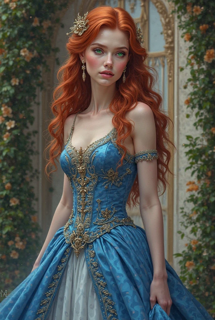 Little woman, Beautiful, Hyperrealistic, Two-color jet and orange hair, curly curly hair Curly method, long and curly curly. With white Nordic European skin, she has a heart-shaped face with high cheekbones and a delicate jaw. Her eyes are a honey color and her lips are full and slightly parted.Naked, with her dress on the floor, her fiancé watches her, honeymoon. Her makeup is natural and understated, with a hint of blush on her cheeks and light brown eyeshadow on her lids. He is 19 years old, he is Boluctuous, sexy hot, With the dress on the floor,showing her private parts, semi naked,Medieval underwear, erotic, flirting, In front of a gentleman, with black hair and very attractive blue eyes, lord, The protective knight is watching her. In a room of the Palace