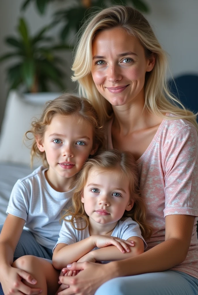 A group of five German blonde 10 years old Little girls, Blue eyes, Couch, sitting, barefeet, grey yoga pants, black shirt, different haircut, smile