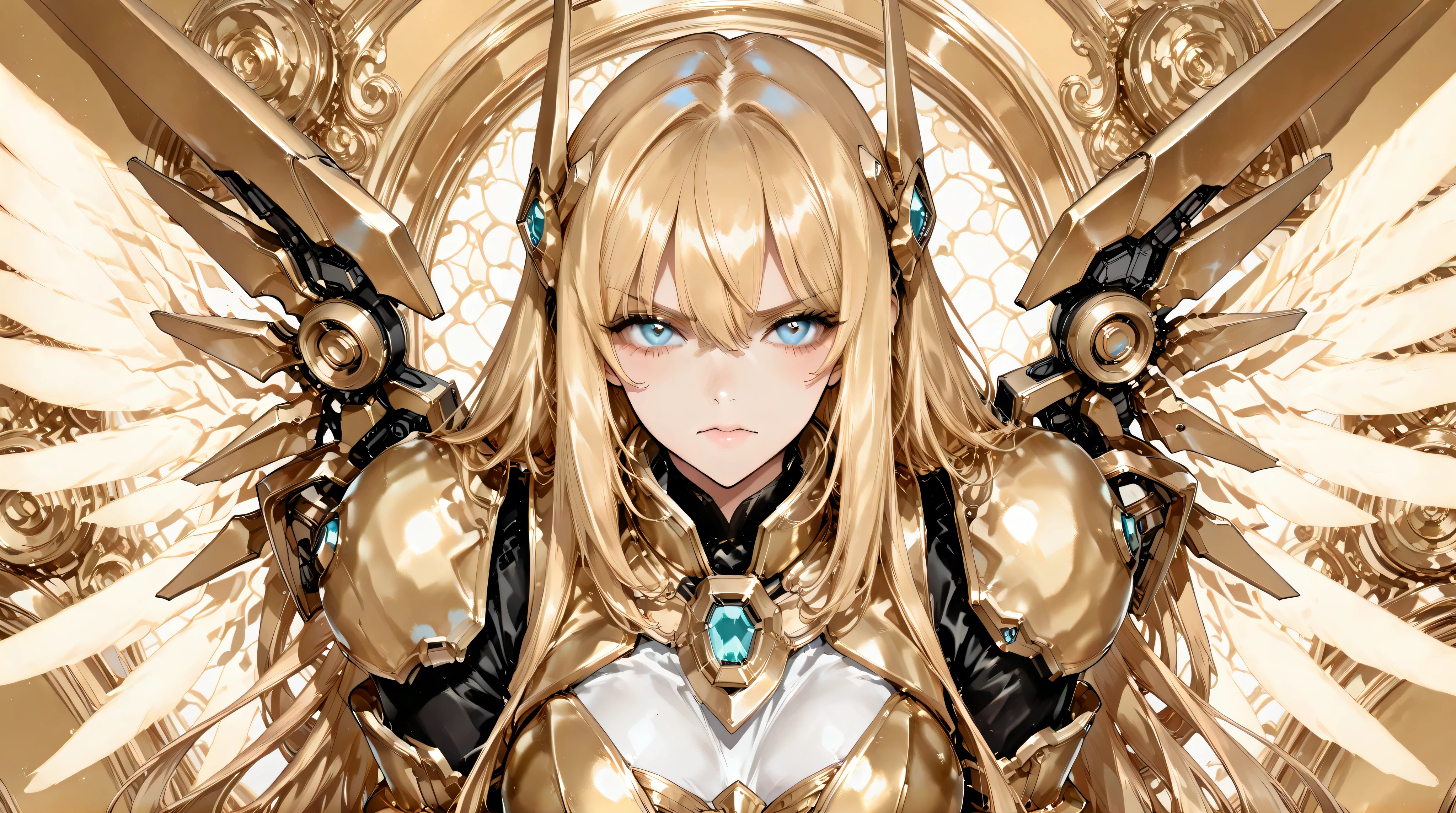 (best quality, masterpiece:1.4), high resolution, extremely details 8K unity CG wallpaper, (anime style, 2D illustration:1.3), BREAK girl, mecha girl, gundum impact, angel style, energy wings, huge mecha sword, golden and white theme armor, beauty background