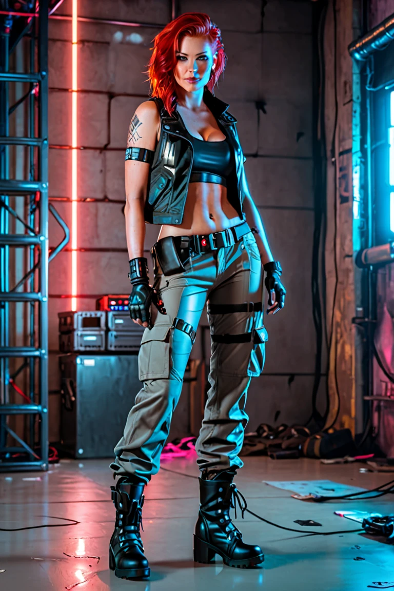 A hot cute young woman dressed in sexy cyberpunk clothes, facing camera, a little smile, standing in front of a wall of computers, intricate designs, Smokey room, Celtic tribal tattoos, ((purple eye iris, flat chested, toned abs, baby face)), (intense colors), undercut purple hair with ponytail, cyberpunk background, dressed in cyberpunk leather clothes, cameltoe showing, puffy vulva
