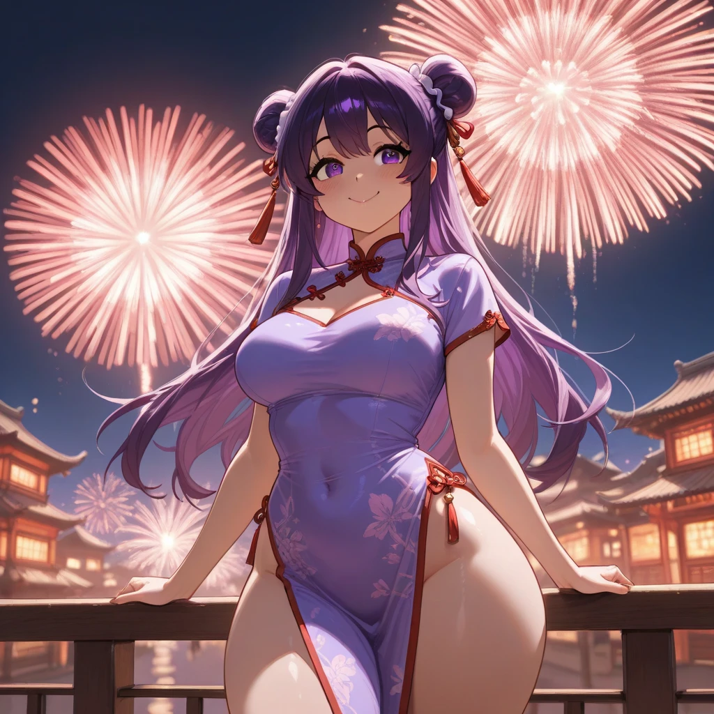 The upper part of the body、one girls、I have pink and black hair、Two-tone、Bun hair、Tremendously large breasts、Gorgeous lace string bikini、cleavage of the breast、Pants with laces、Knee-length fishnet tights、gravure model,Gravure Pose、Japan anime-style odd-eye,in poolside、nighttime scene、Beautiful fireworks in the night sky、 itting open legs