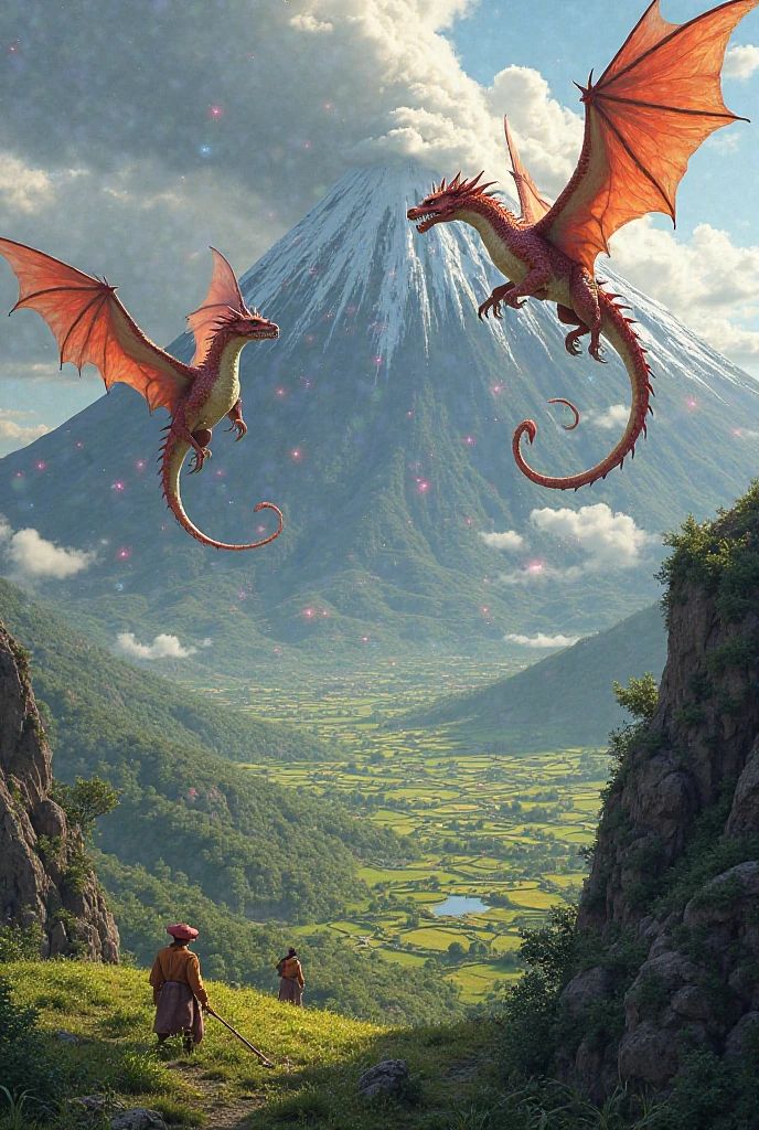 Wingless oriental dragon god flying near Mt.Fuji
