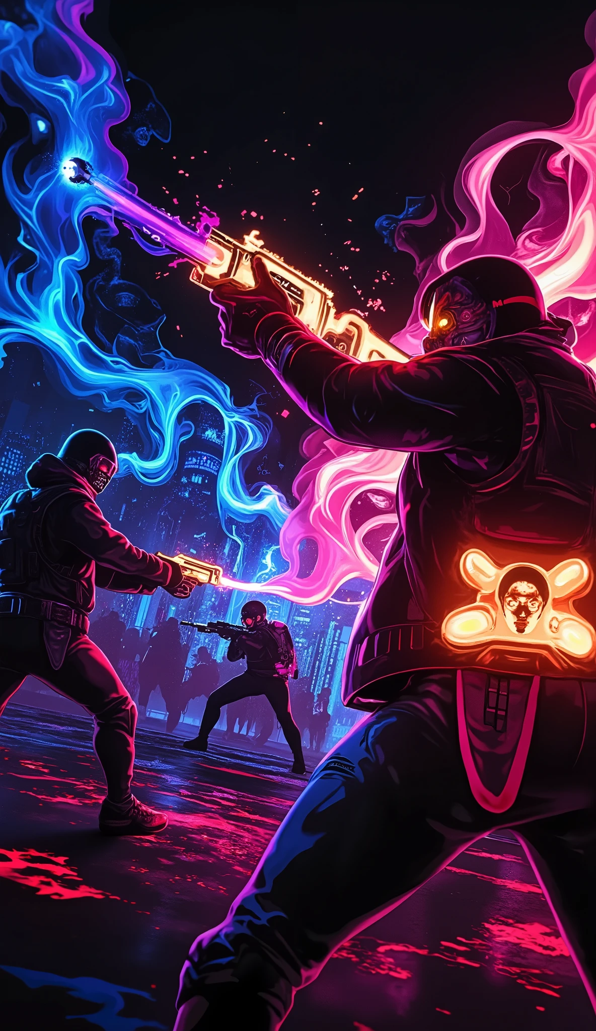 Cyberpunkスタイルの銃撃戦シーン、intense action、Cyberpunk、High Quality Photographs Realistic、4K resolution、HDR、 bokeh effects 、Detailed 3d Rendering、Sharp Focus、realistic、professional、vivid colors、cinematic lighting、Mechanical Forms、Futuristic City Backgrounds、 Complex Machines 、cigarette、Fire Effects