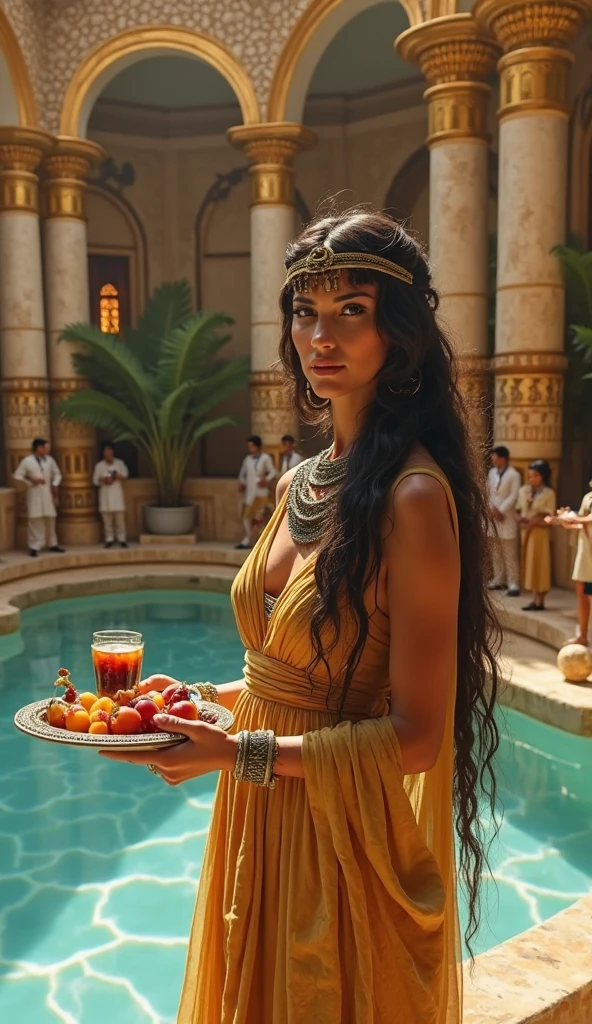 a highly eye-catching and slightly sensual high-resolution image of an ancient Egyptian woman preparing a contraceptive mixture with honey. The woman should be fully framed within the image, wearing revealing ancient Egyptian attire with a deep, eye-catching neckline. She is actively mixing a bowl of honey with other ingredients. Ensure the entire figure is visible from head to toe against a simple or neutral background that will be easy to remove. The setting should include subtle hints of ancient Egyptian decor, but the primary focus should remain on the woman. Use warm and dramatic lighting to accentuate her features and create a vibrant, visually appealing image. Render in 4K quality, in the style of artstation trend, cinematic, thriller.